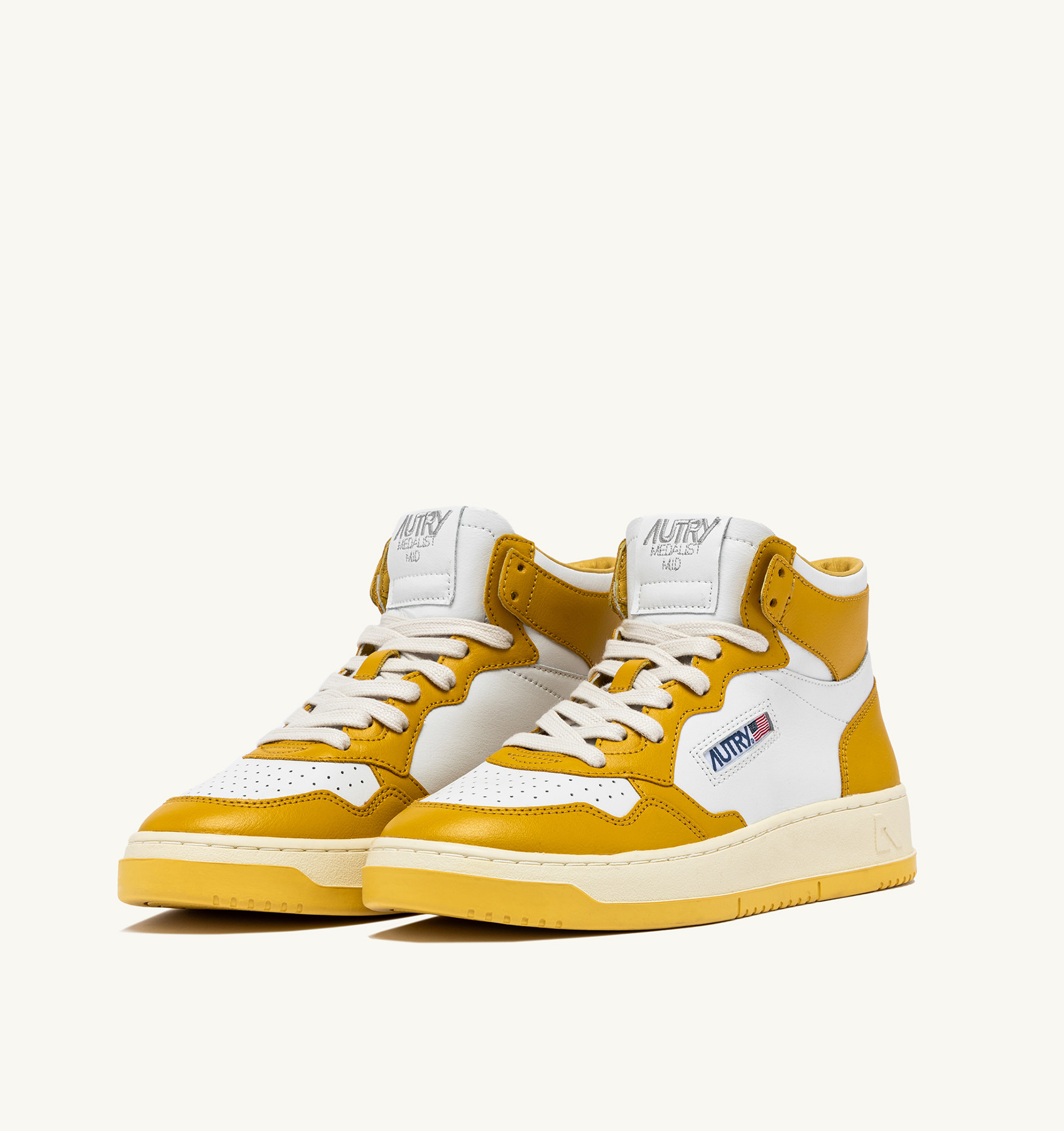 MEDALIST MID BICOLOR SNEAKERS IN WHITE AND HONEY-YELLOW LEATHER