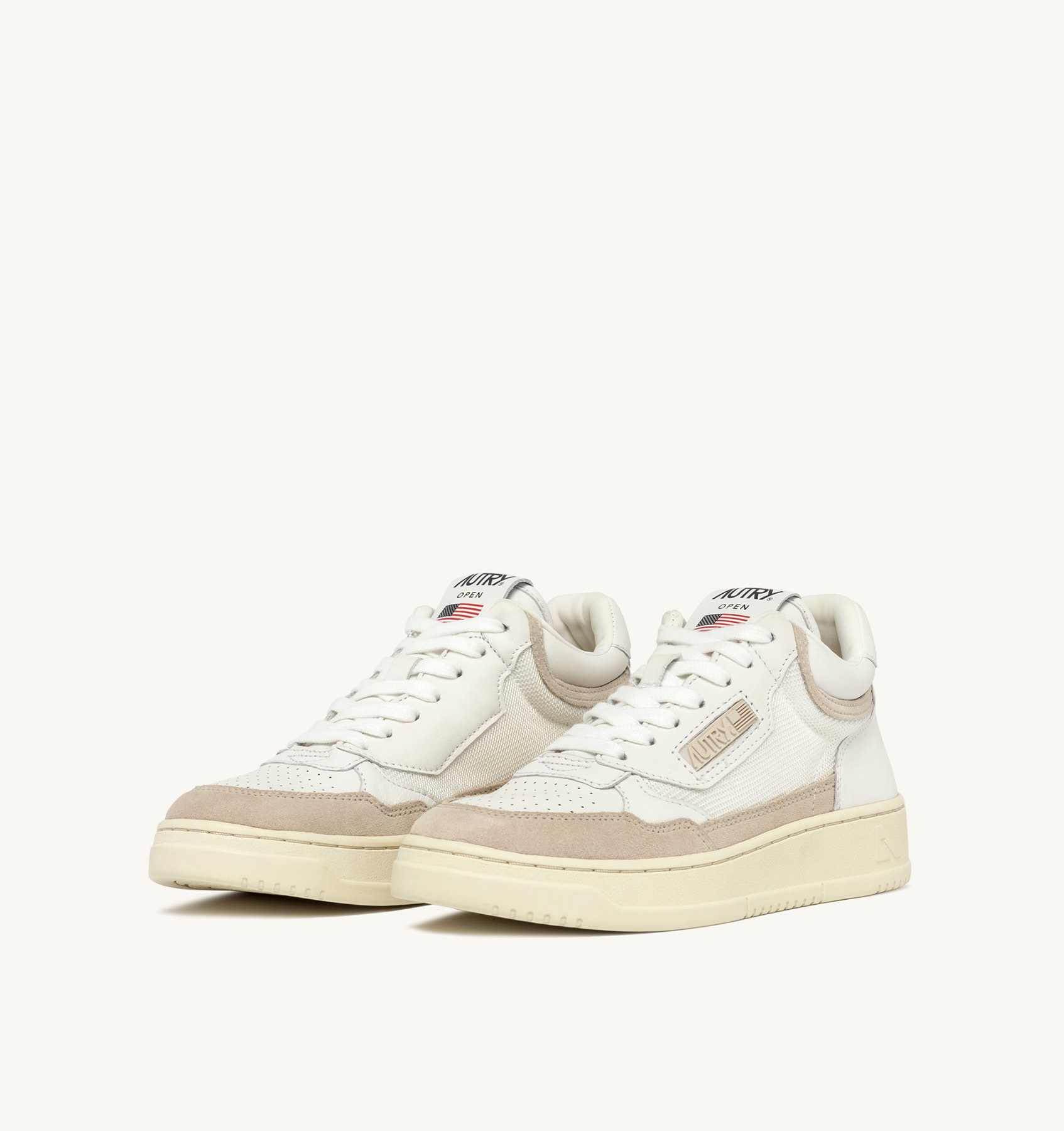 OPEN MID SNEAKERS IN WHITE LEATHER, MESH AND SAND SUEDE