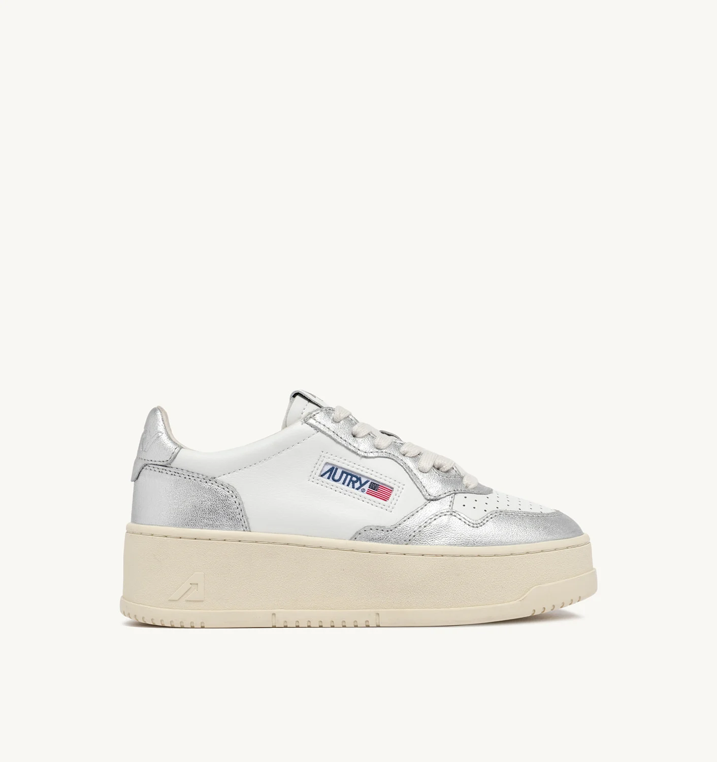 MEDALIST PLATFORM SNEAKERS IN WHITE AND SILVER LEATHER