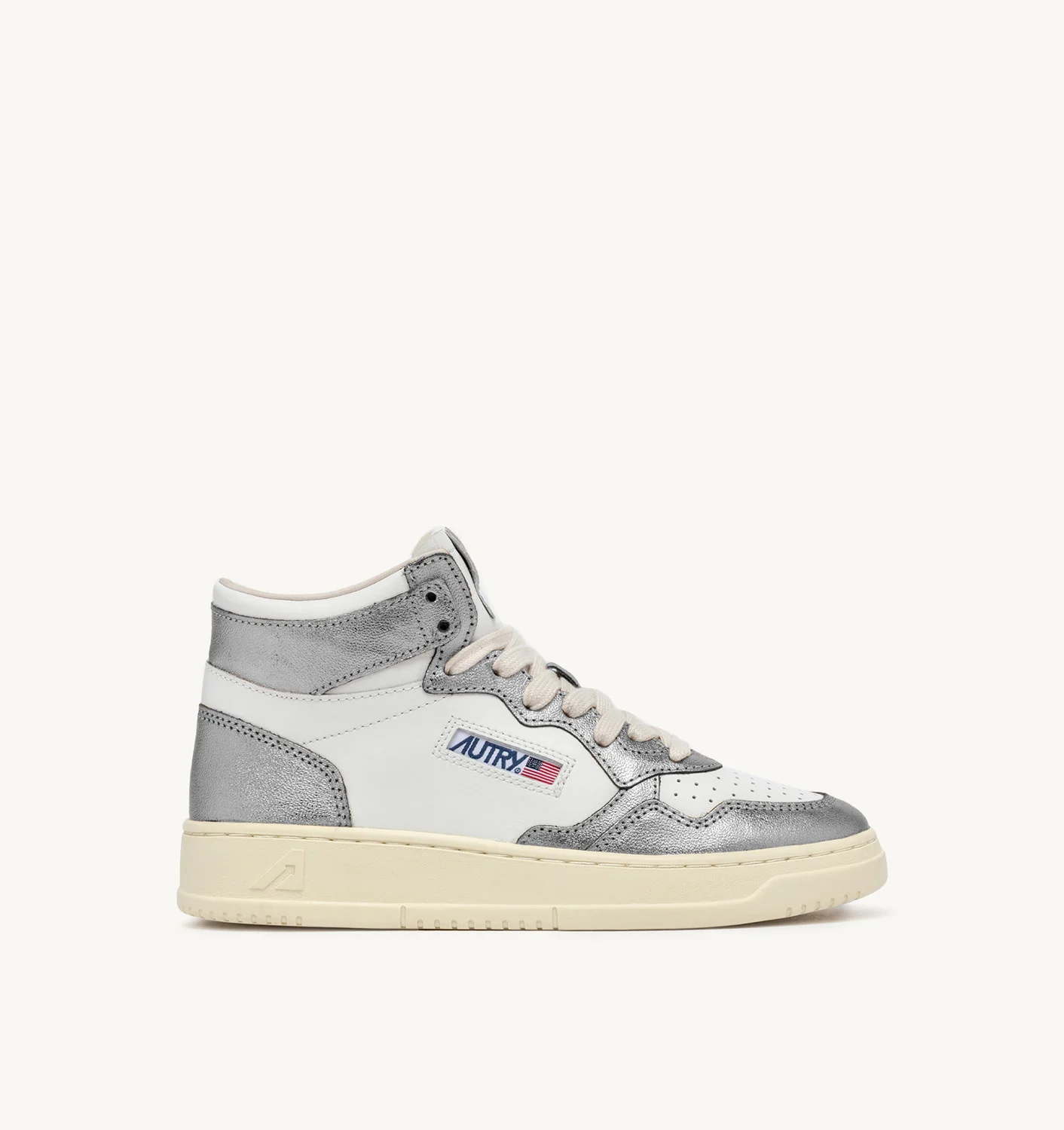 MEDALIST MID BICOLOR SNEAKERS IN WHITE AND METALIZED STEEL LEATHER