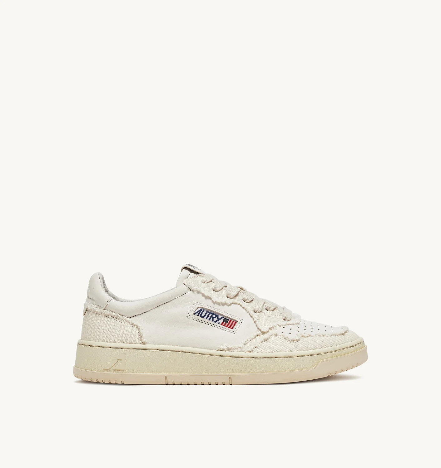 MEDALIST LOW SNEAKERS IN SOFT GOATSKIN AND FRAYED CANVAS COLOR WHITE AND IVORY WHITE