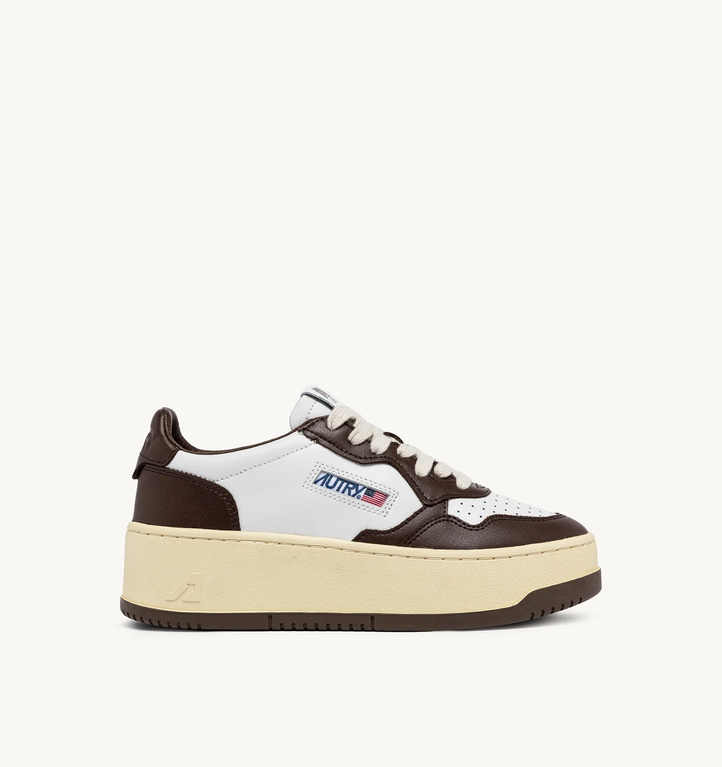 MEDALIST PLATFORM SNEAKERS IN WHITE AND CHESTNUT BROWN LEATHER