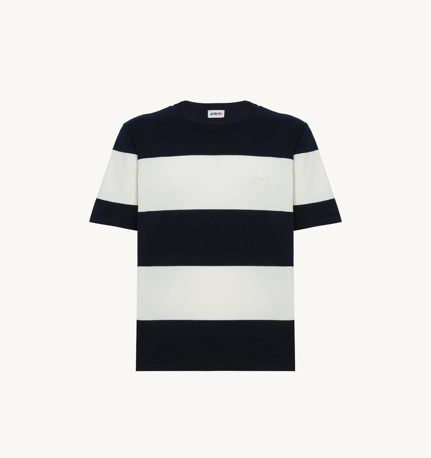 WHITE AND BLUE STRIPED CREPE KNIT T-SHIRT