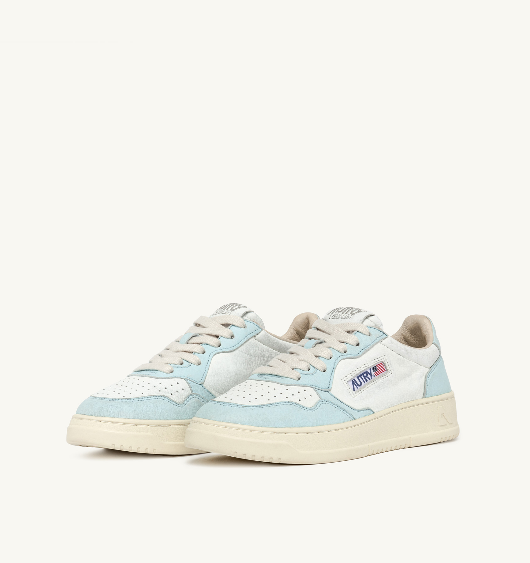 MEDALIST LOW BI-COLOR SNEAKERS IN WHITE AND LIGHT BLUE WASHED GOATSKIN