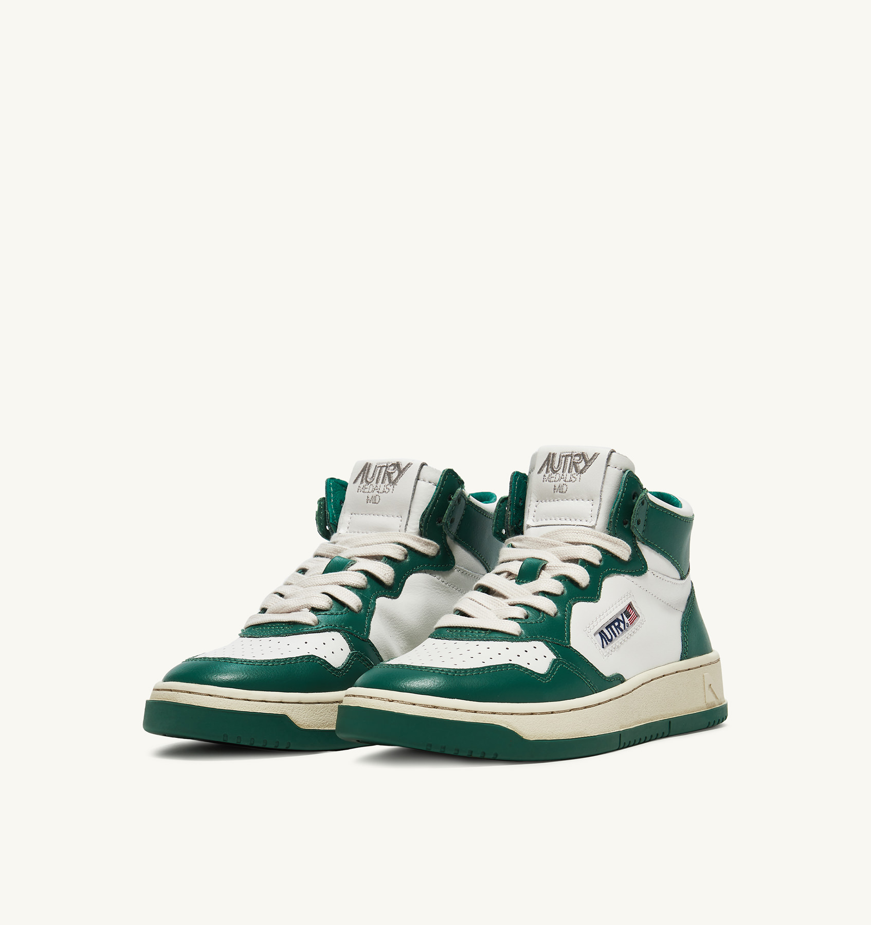 MEDALIST MID BICOLOR SNEAKERS IN WHITE AND GREEN LEATHER