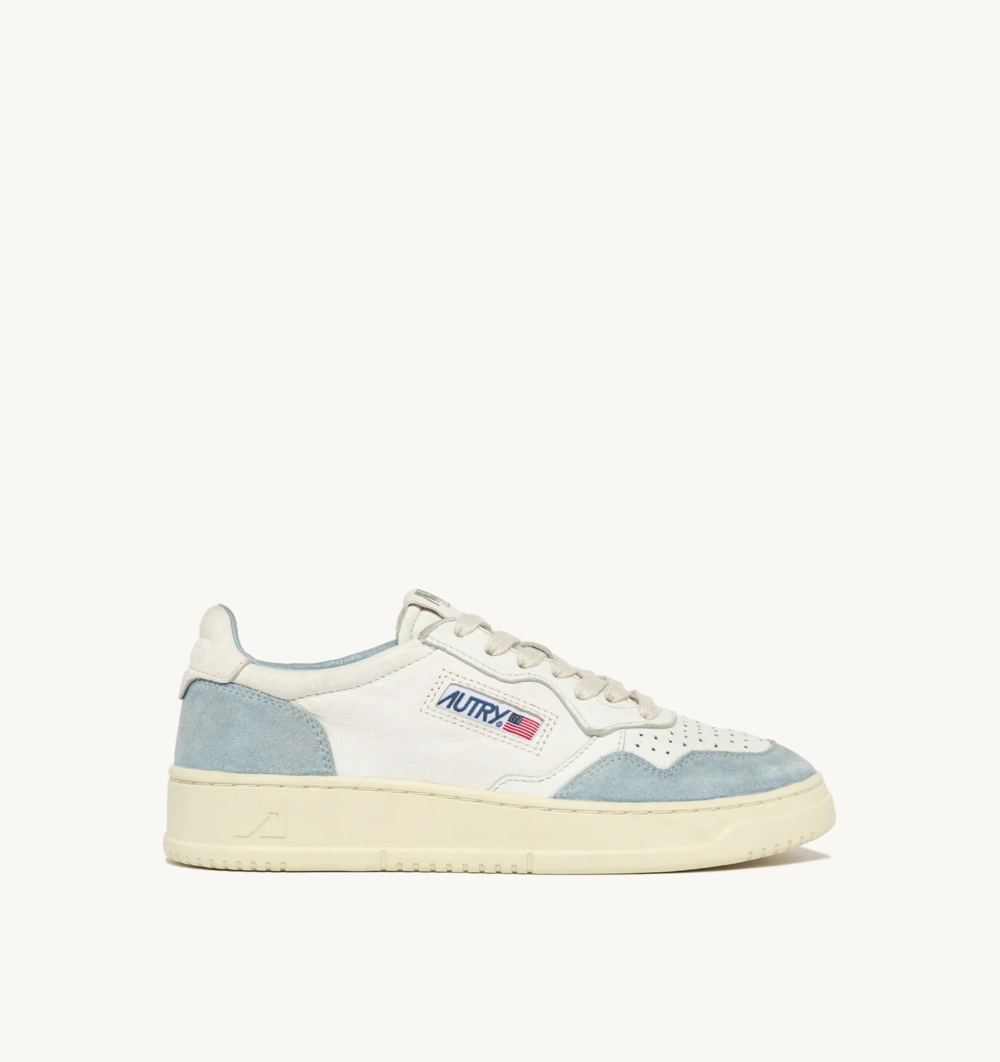 MEDALIST LOW SNEAKERS IN WHITE GOATSKIN AND LIGHT BLUE SUEDE