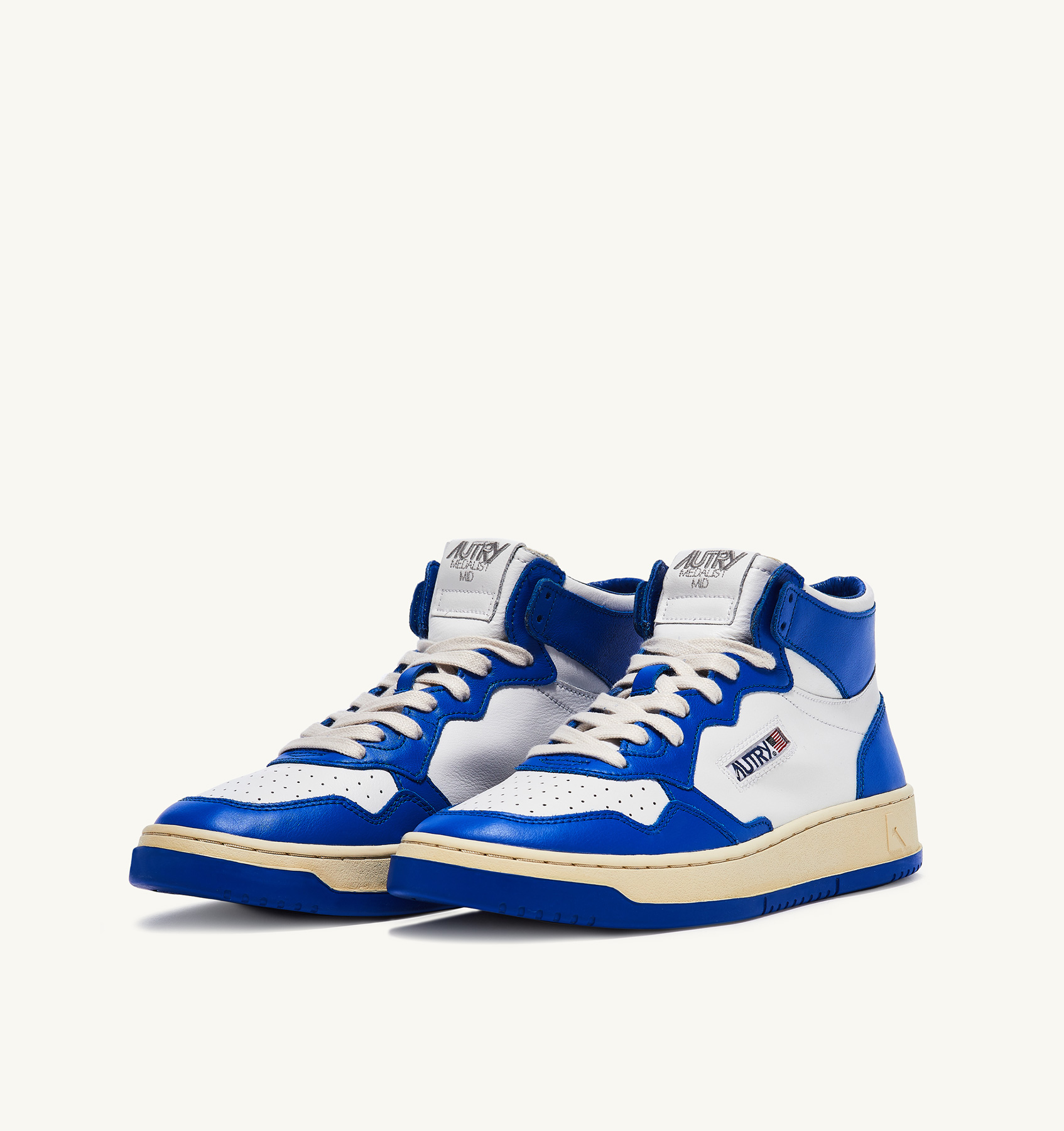 TWO-TONE MEDALIST MID SNEAKERS IN LEATHER COLOR WHITE AND PRINCE BLUE