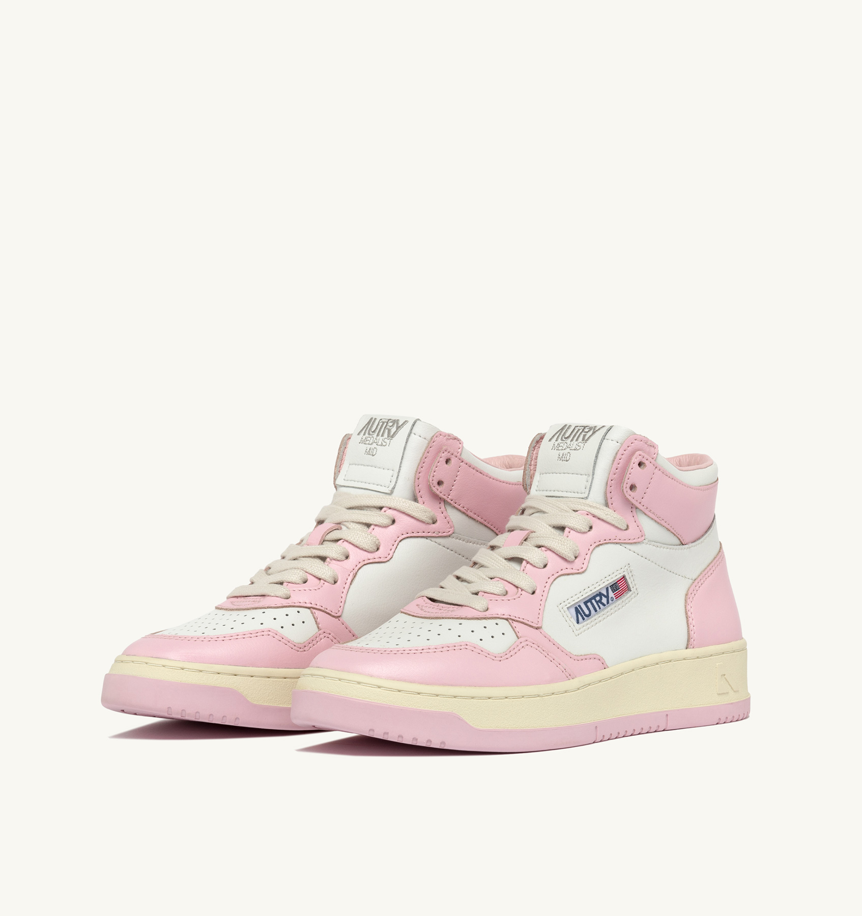 MEDALIST MID BI-COLOR SNEAKERS IN WHITE AND PINK LEATHER