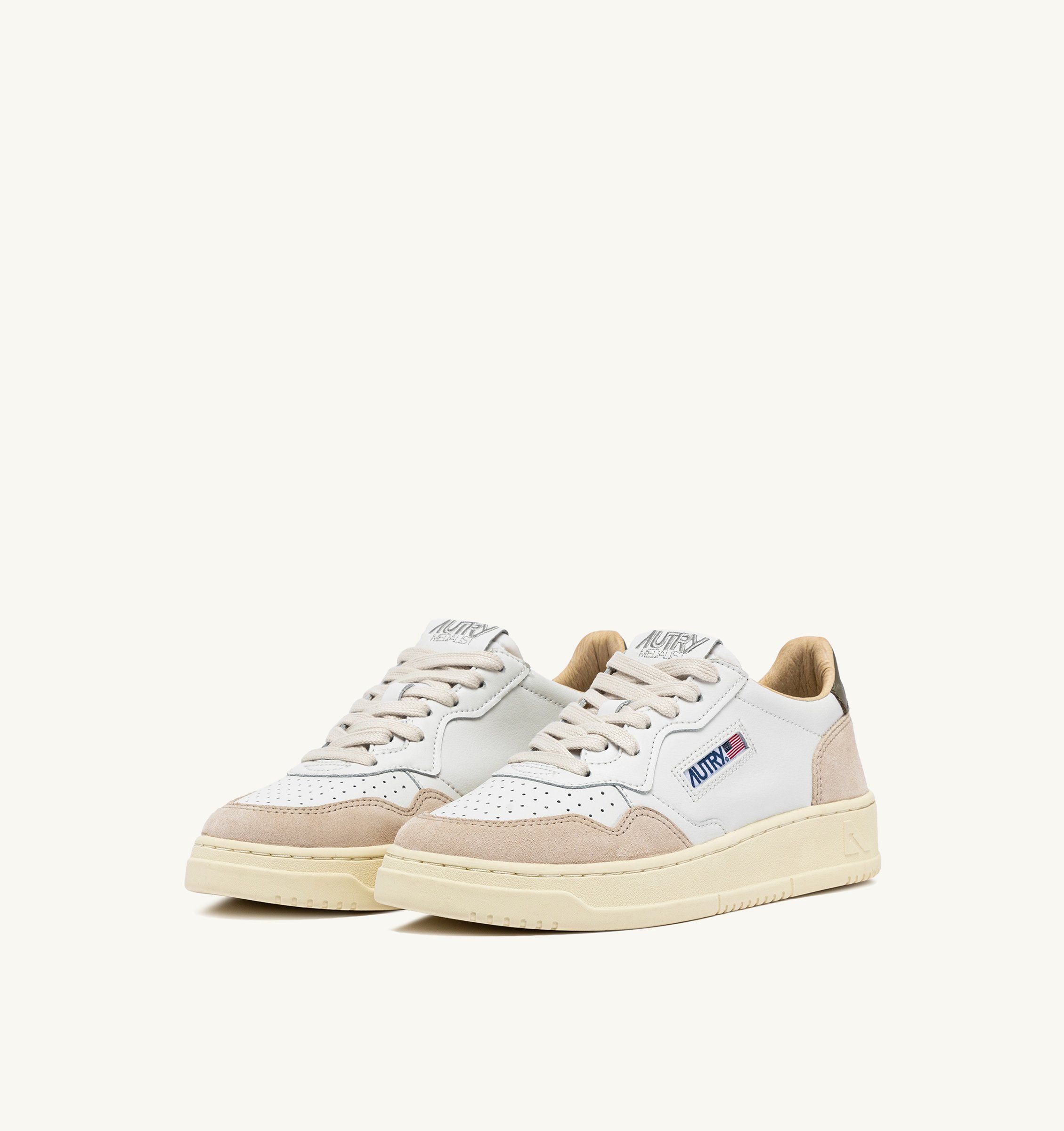 MEDALIST LOW SNEAKERS IN WHITE AND GREEN LEATHER AND BEIGE SUEDE