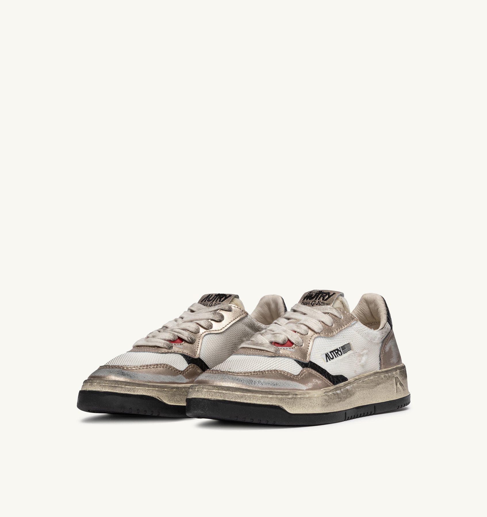 MEDALIST LOW SUPER VINTAGE SNEAKERS IN WHITE MESH, GOLD SUEDE AND BLACK LEATHER