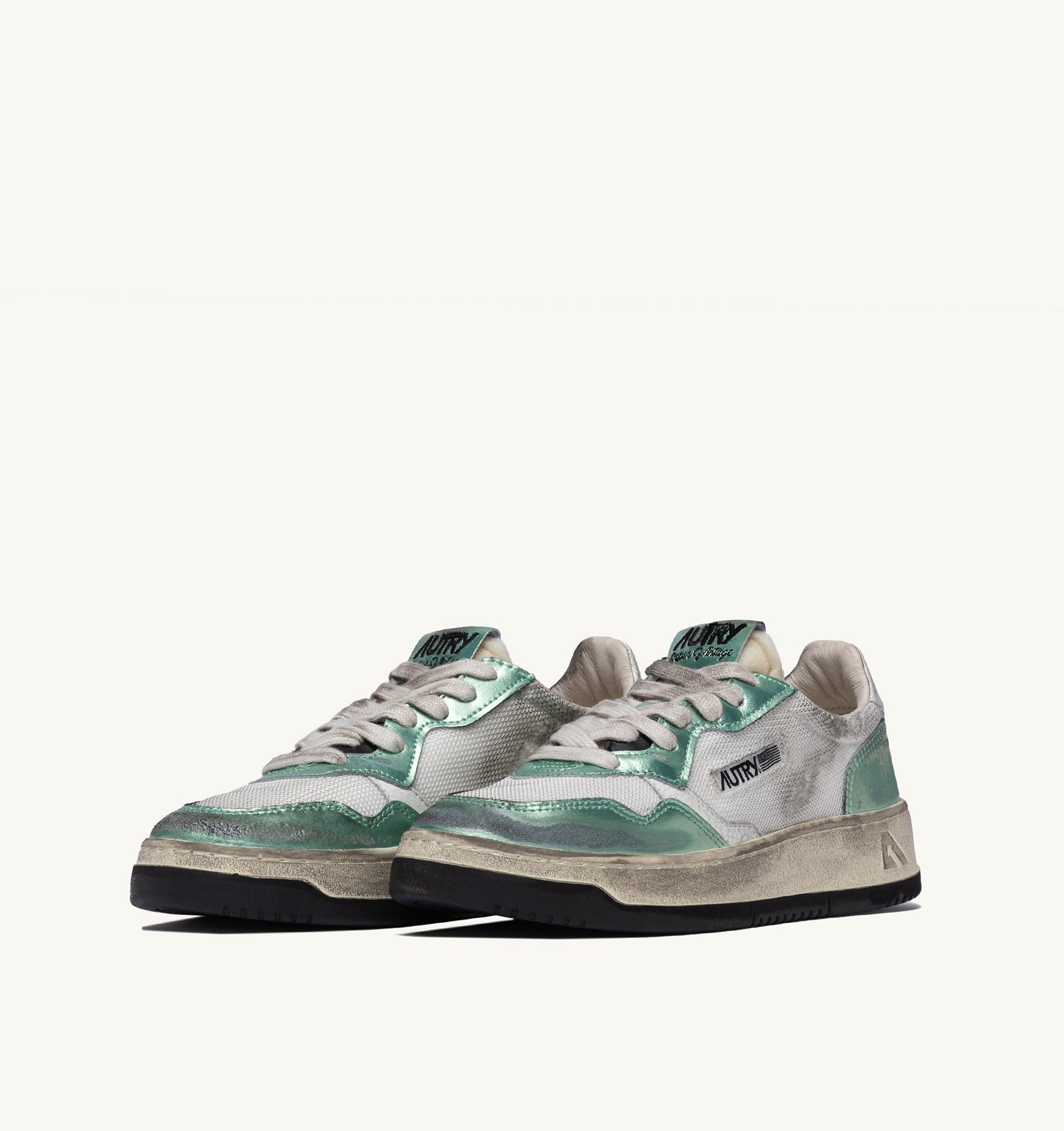 SUPER VINTAGE MEDALIST LOW SNEAKERS IN WHITE MESH, PASTEL GREEN SUEDE AND WHITE LEATHER