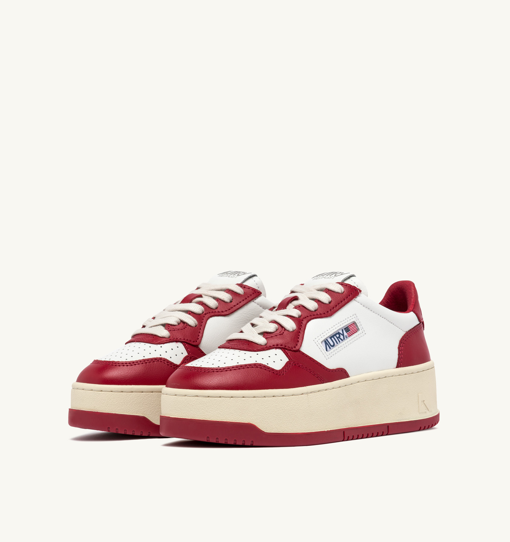 MEDALIST PLATFORM SNEAKERS IN WHITE AND RED LEATHER