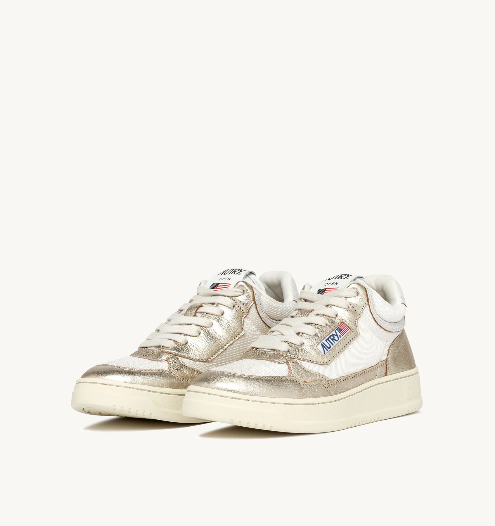 OPEN MID SNEAKERS IN IVORY WHITE MESH AND PLATINUM COLOR LEATHER