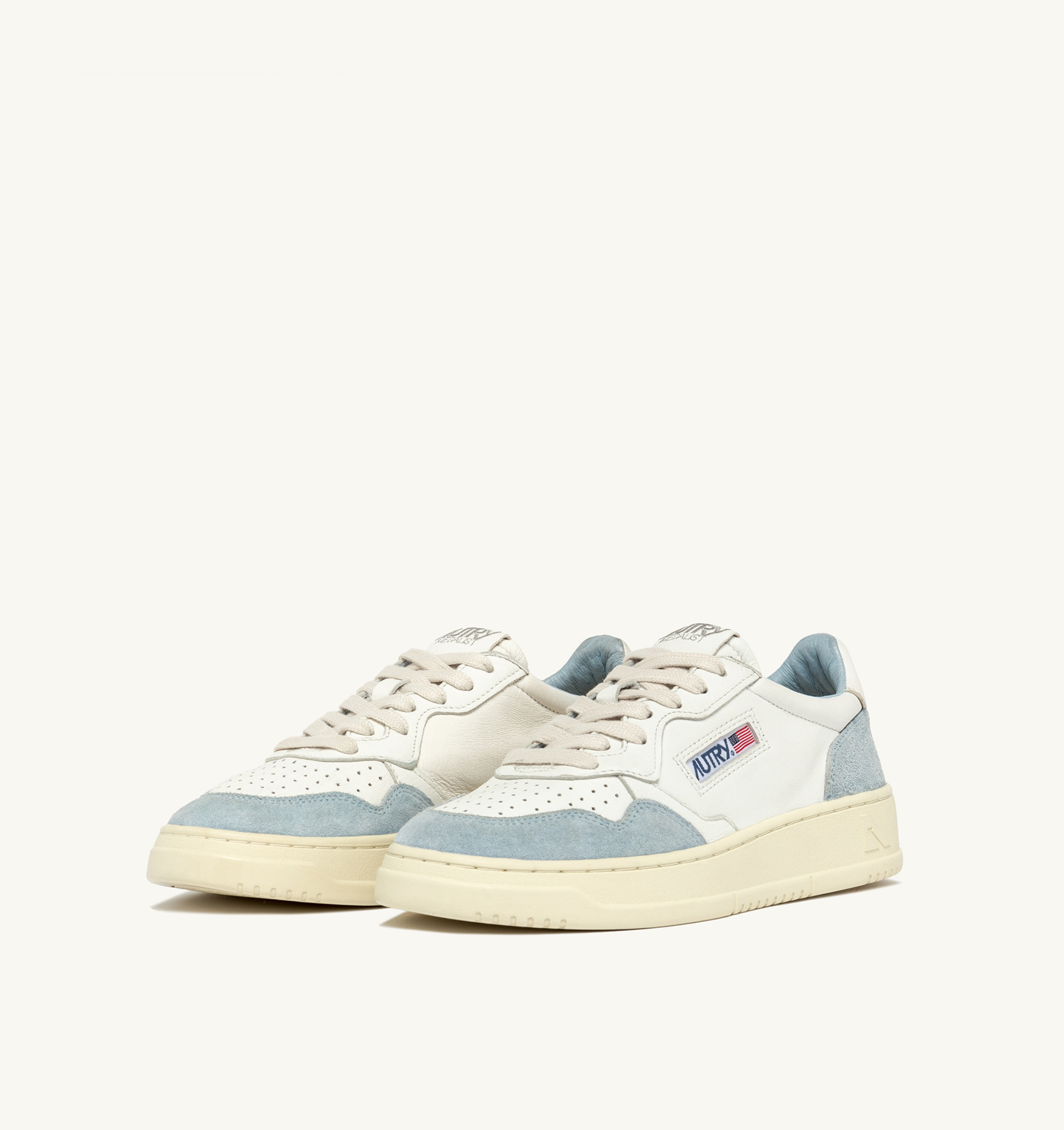 MEDALIST LOW SNEAKERS IN WHITE GOATSKIN AND LIGHT BLUE SUEDE