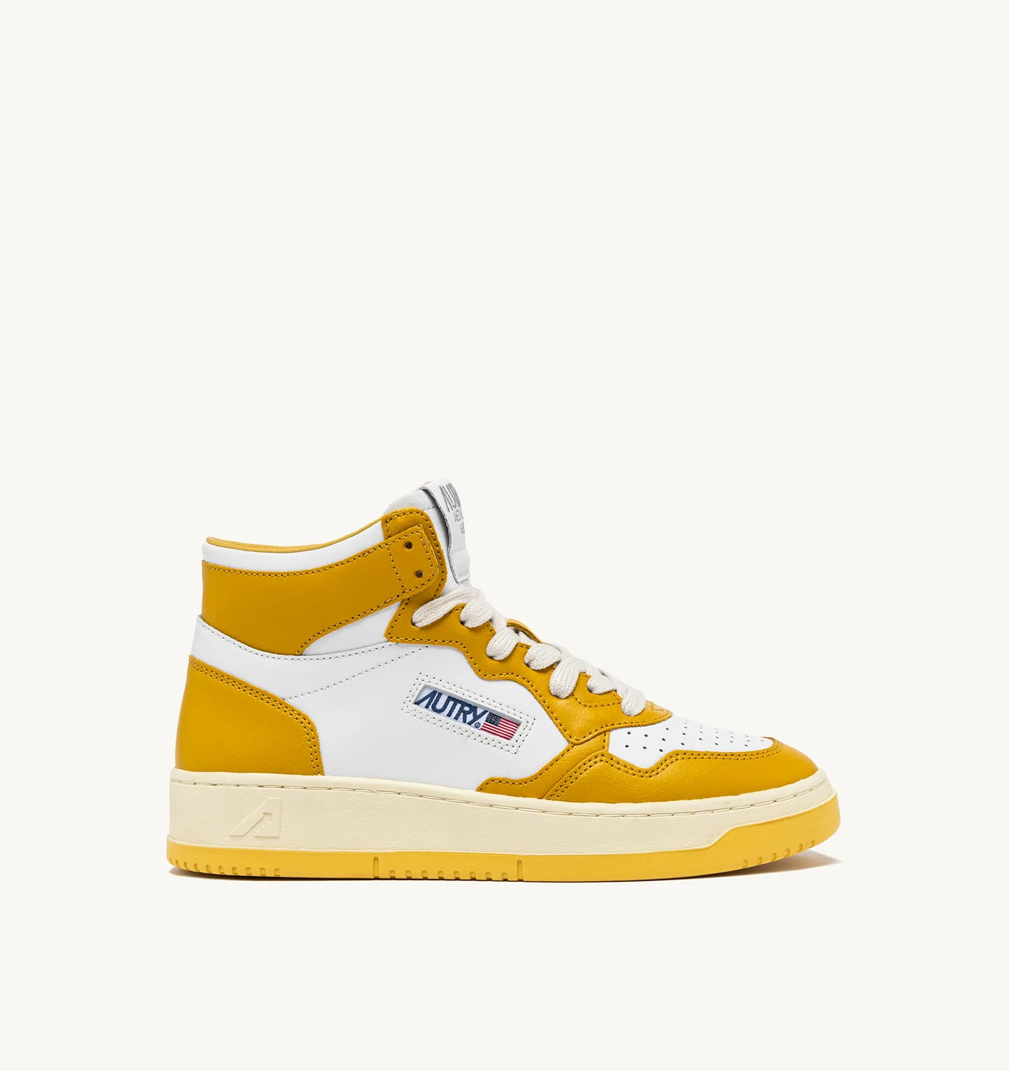 MEDALIST MID BICOLOR SNEAKERS IN WHITE AND HONEY-YELLOW LEATHER