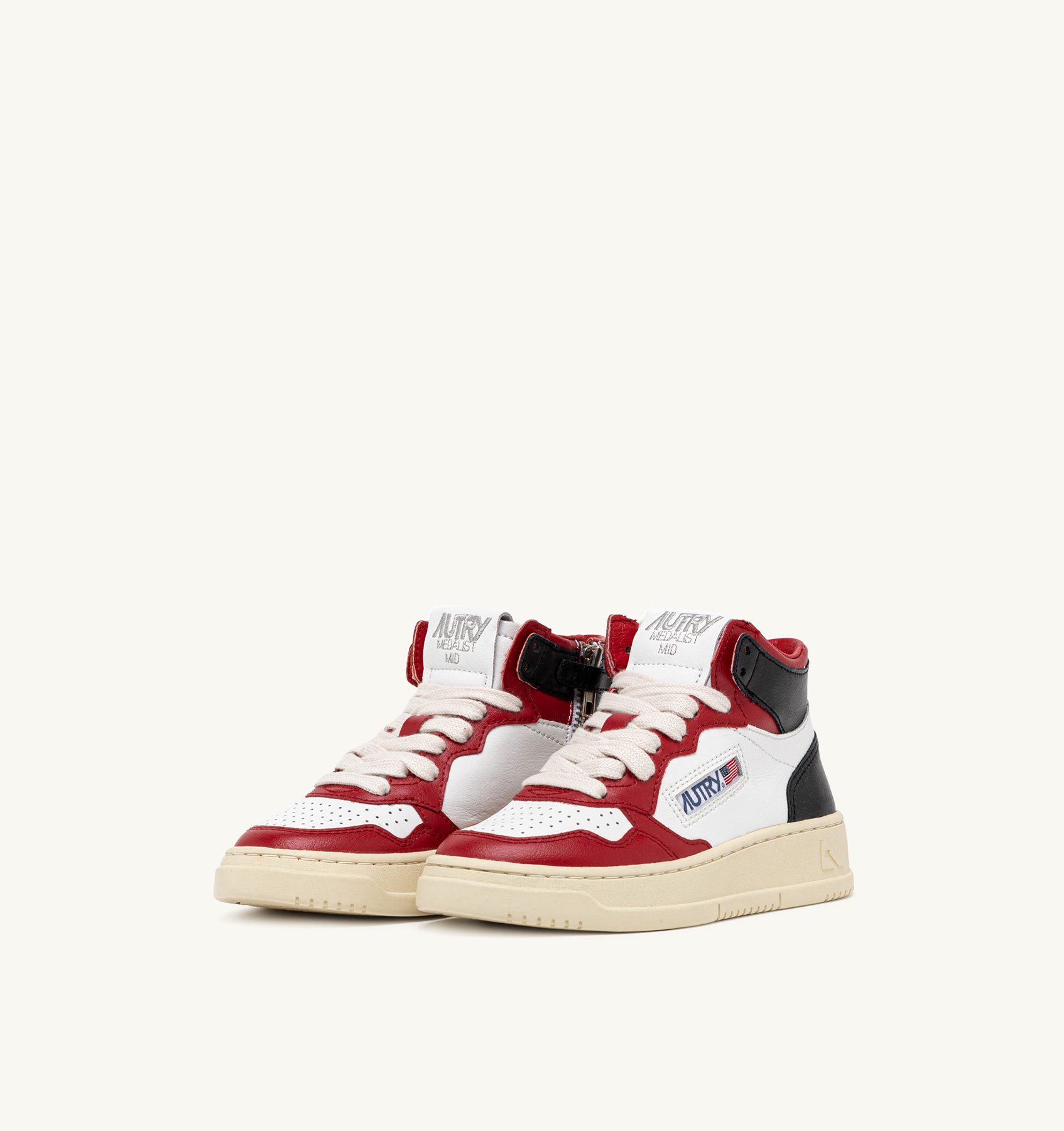 MEDALIST KIDS MID SNEAKERS IN LEATHER COLOR WHITE RED AND BLACK