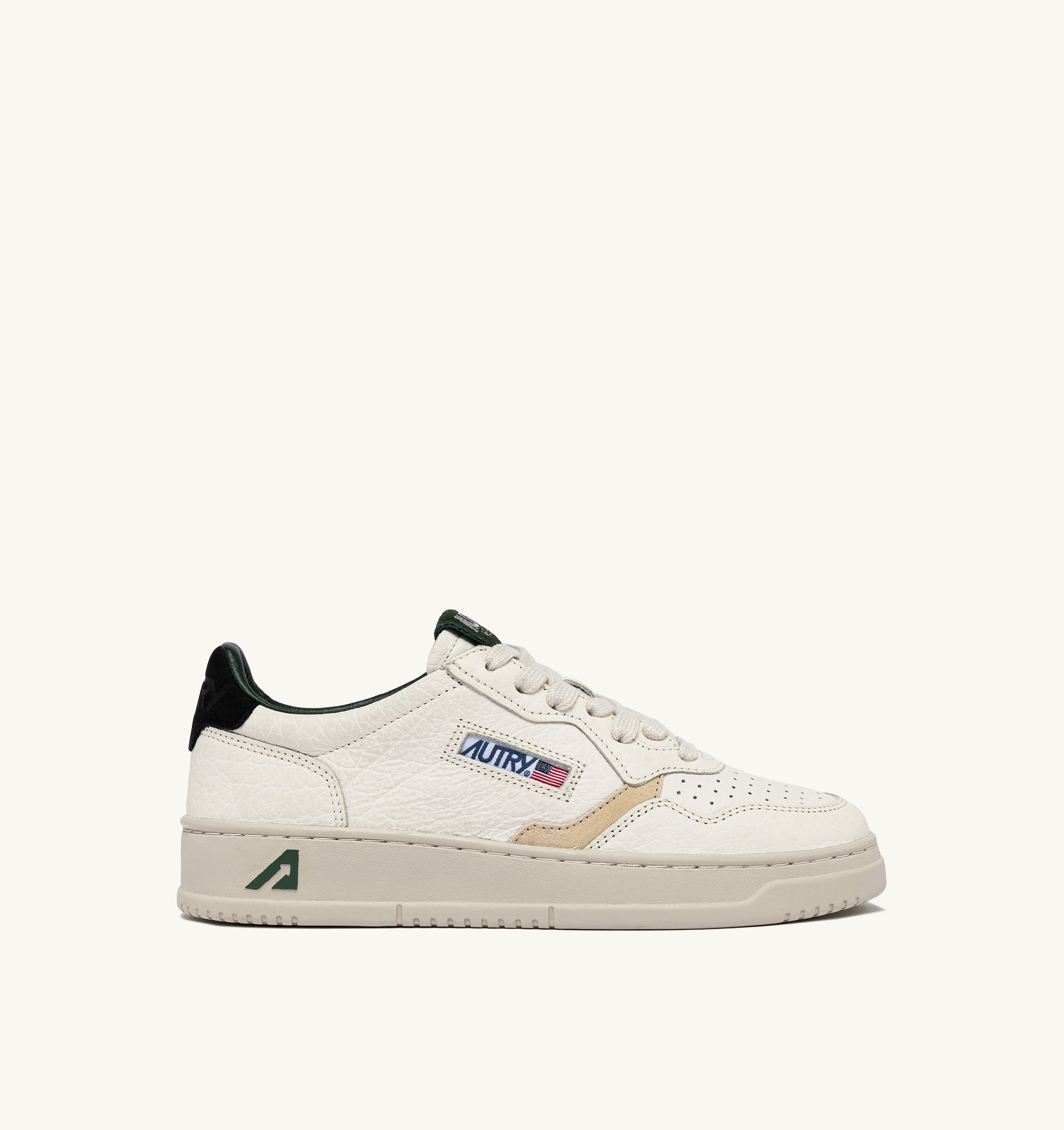 MEDALIST LOW SNEAKERS IN WHITE TEXTURED LEATHER WITH GREEN BLACK AND BEIGE DETAILS