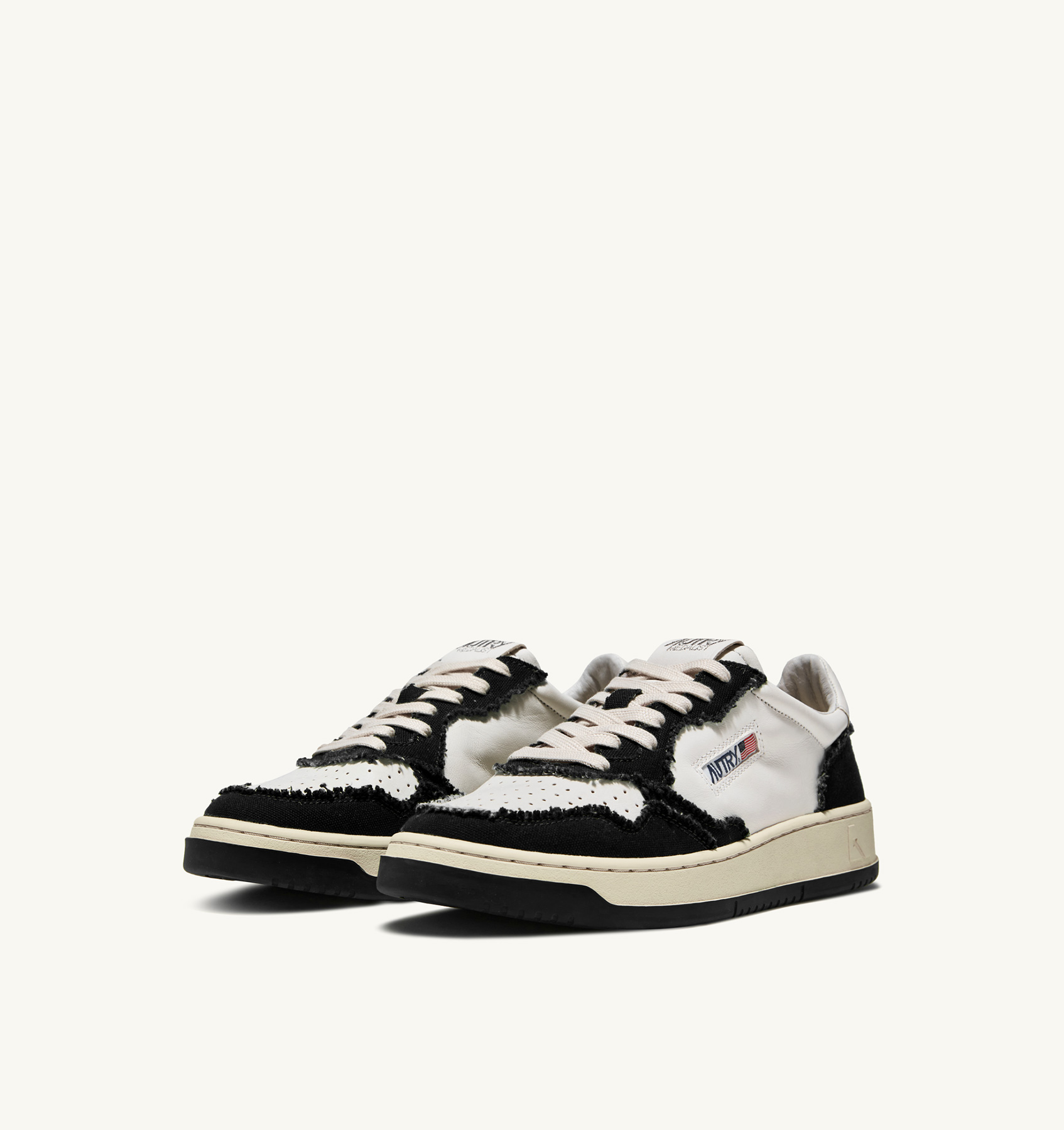 TWO-TONE MEDALIST LOW SNEAKERS IN SOFT GOATSKIN AND FRAYED CANVAS COLOR WHITE AND BLACK