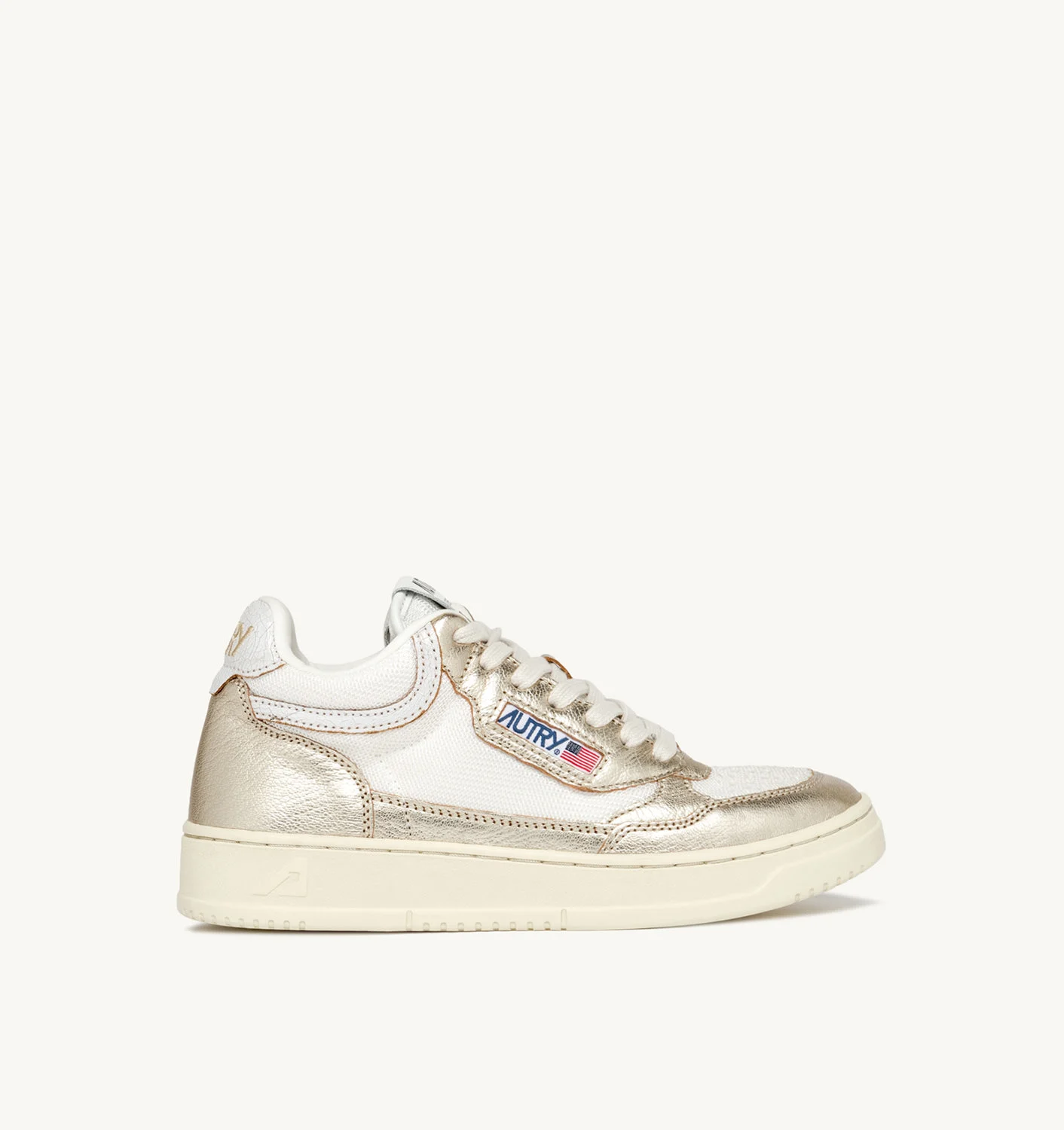 OPEN MID SNEAKERS IN IVORY WHITE MESH AND PLATINUM COLOR LEATHER