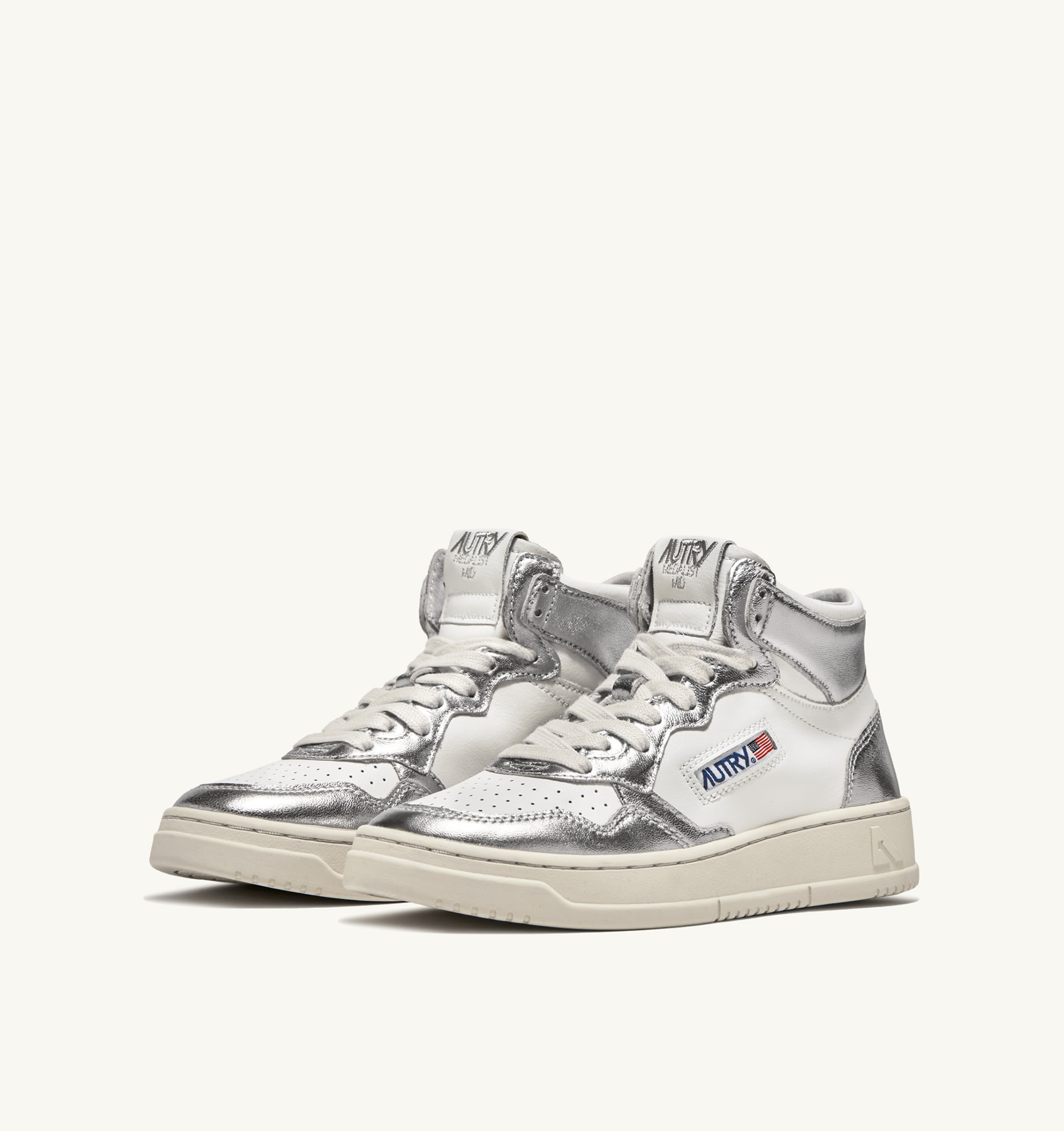 MEDALIST MID BICOLOR SNEAKERS IN WHITE AND SILVER LEATHER