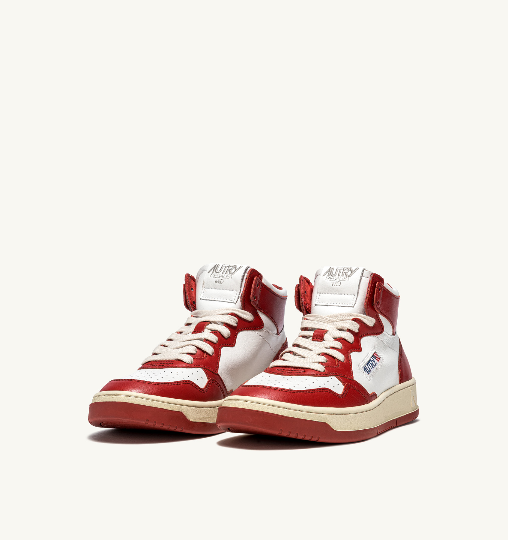 MEDALIST MID BICOLOR SNEAKERS IN WHITE AND RED LEATHER
