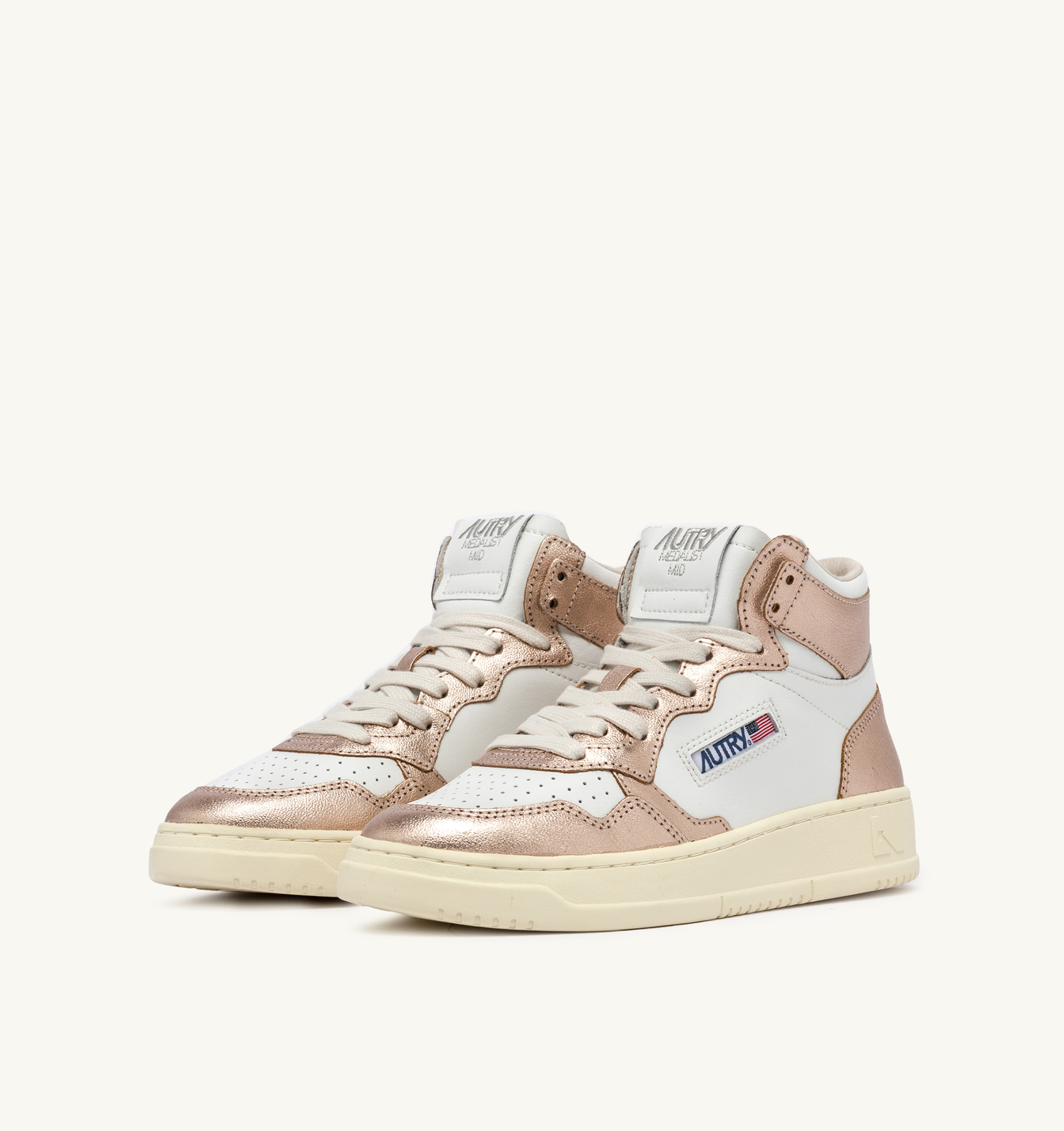 MEDALIST MID-TOP BICOLOR SNEAKERS IN LEATHER COLOR WHITE AND METALIZED COPPER