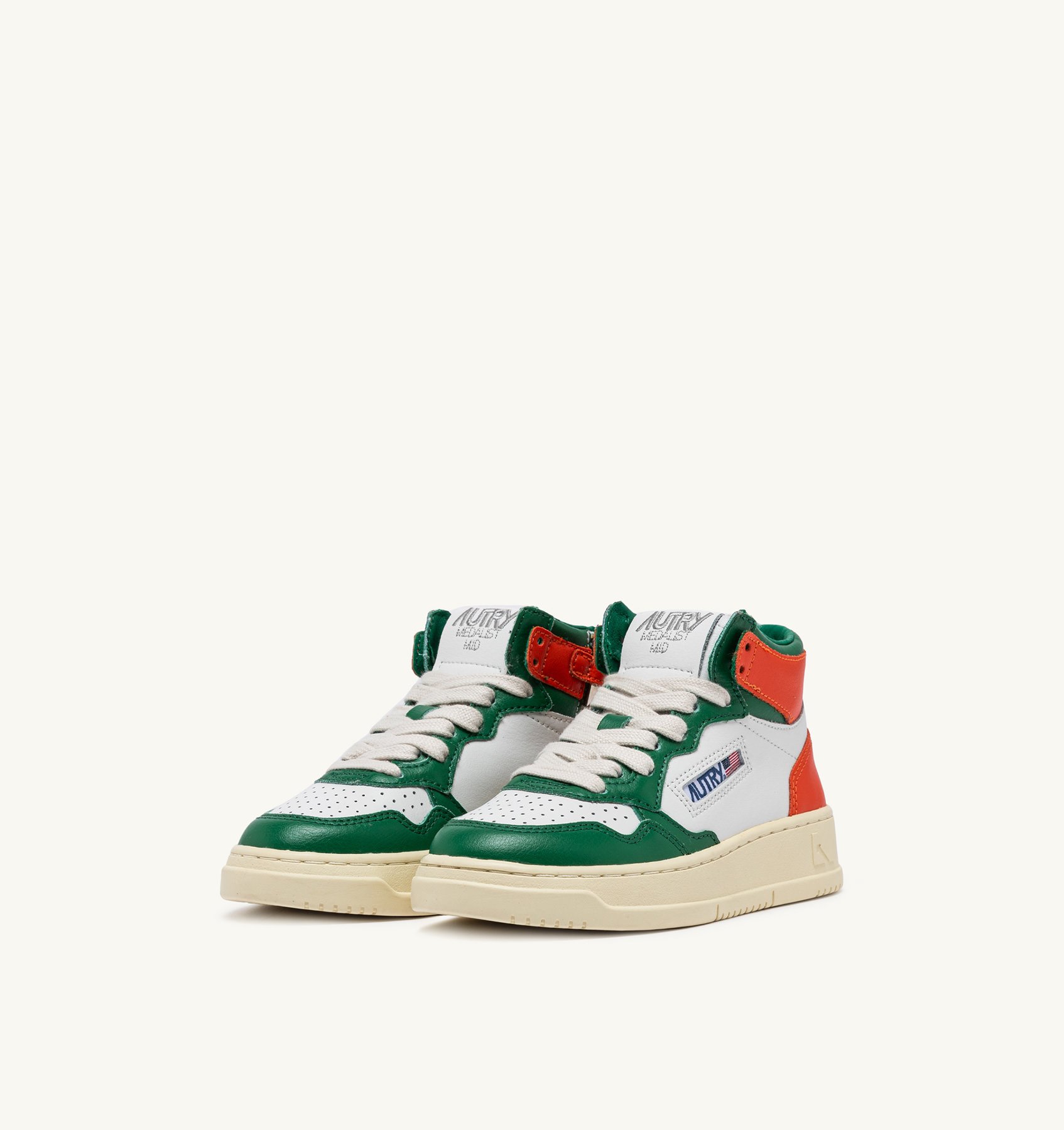 MEDALIST MID-TOP SNEAKERS FOR KIDS IN LEATHER COLOR WHITE, GREEN AND ORANGE