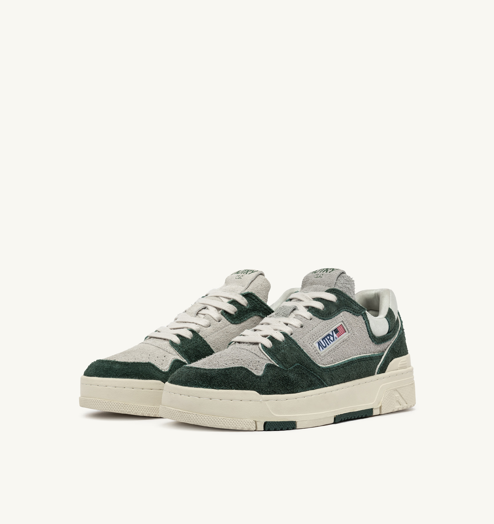CLC LOW SNEAKERS IN WHITE AND BOTTLE GREEN LEATHER AND MESH