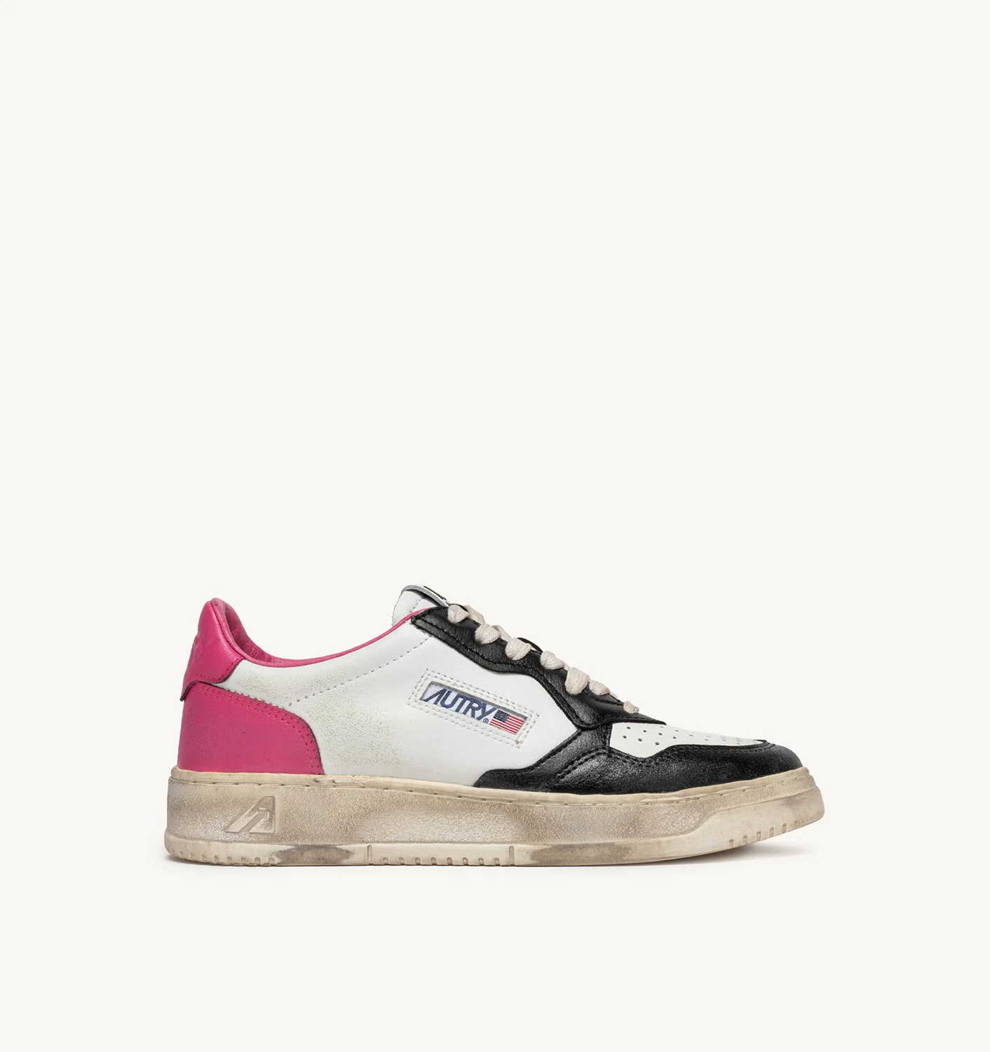 SUPER VINTAGE LOW SNEAKERS IN WHITE, BLACK AND RASPBERRY LEATHER