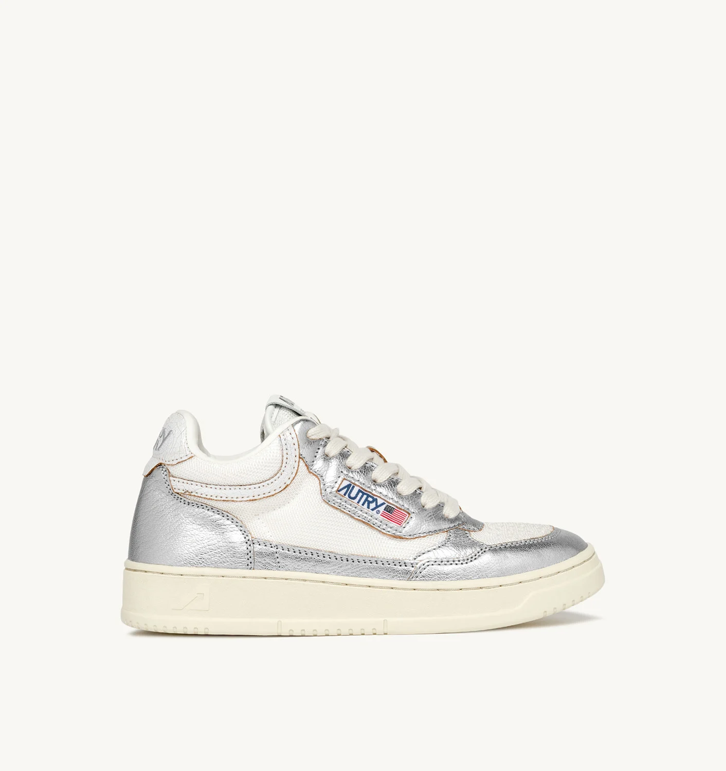 OPEN MID SNEAKERS IN WHITE MESH AND SILVER TONE LEATHER
