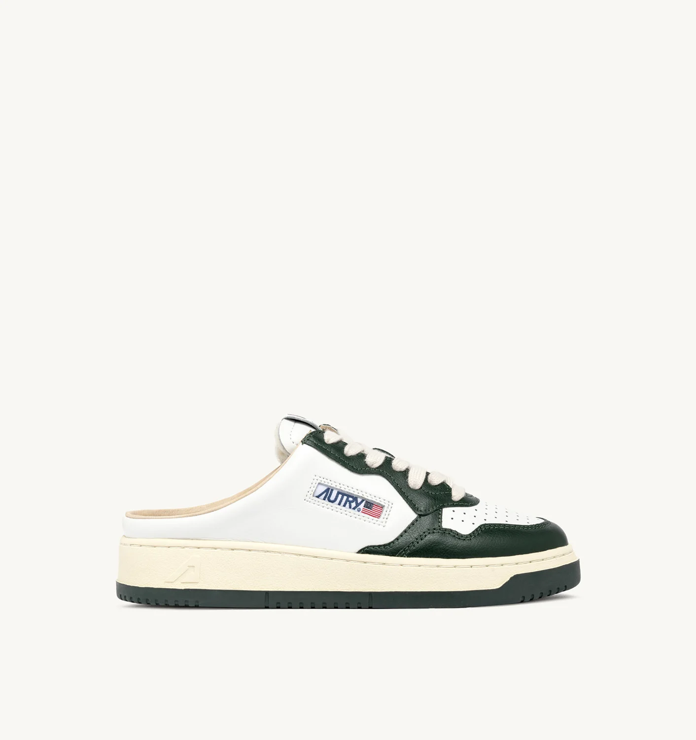 MEDALIST MULE SNEAKERS IN WHITE AND MILITARY GREEN LEATHER