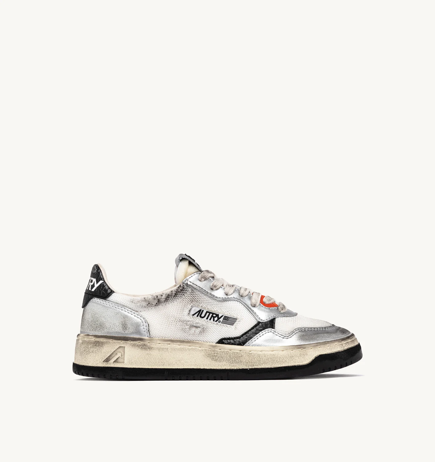 MEDALIST LOW SUPER VINTAGE SNEAKERS IN WHITE MESH, SILVER SUEDE AND BLACK LEATHER