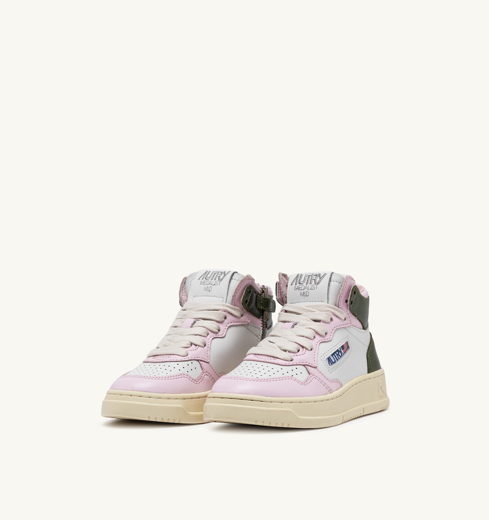 MEDALIST MID-TOP SNEAKERS FOR KIDS IN LEATHER COLOR WHITE, GREEN AND PINK
