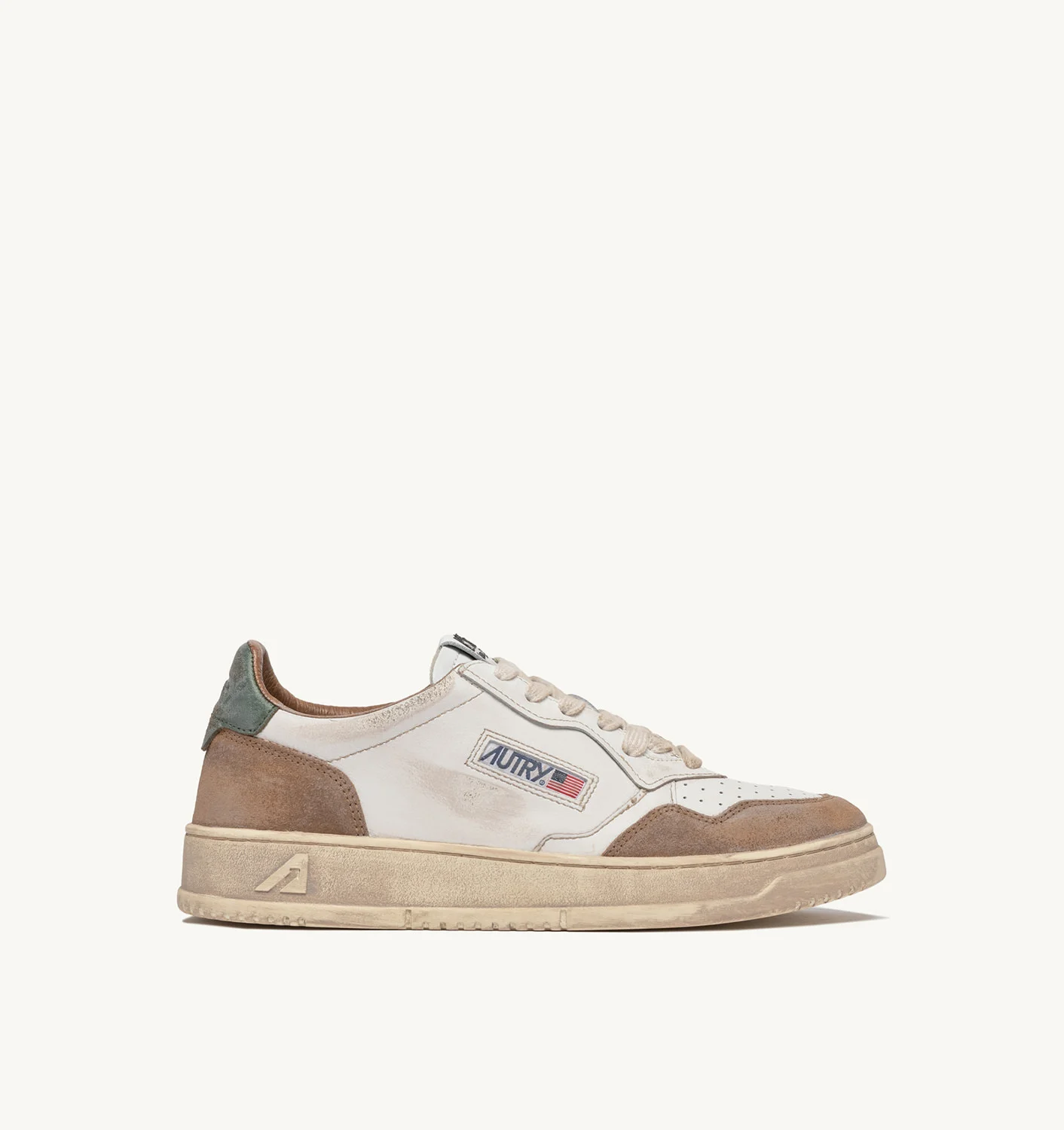SUPER VINTAGE MEDALIST LOW SNEAKERS IN WHITE LEATHER AND GREEN AND COGNAC SUEDE