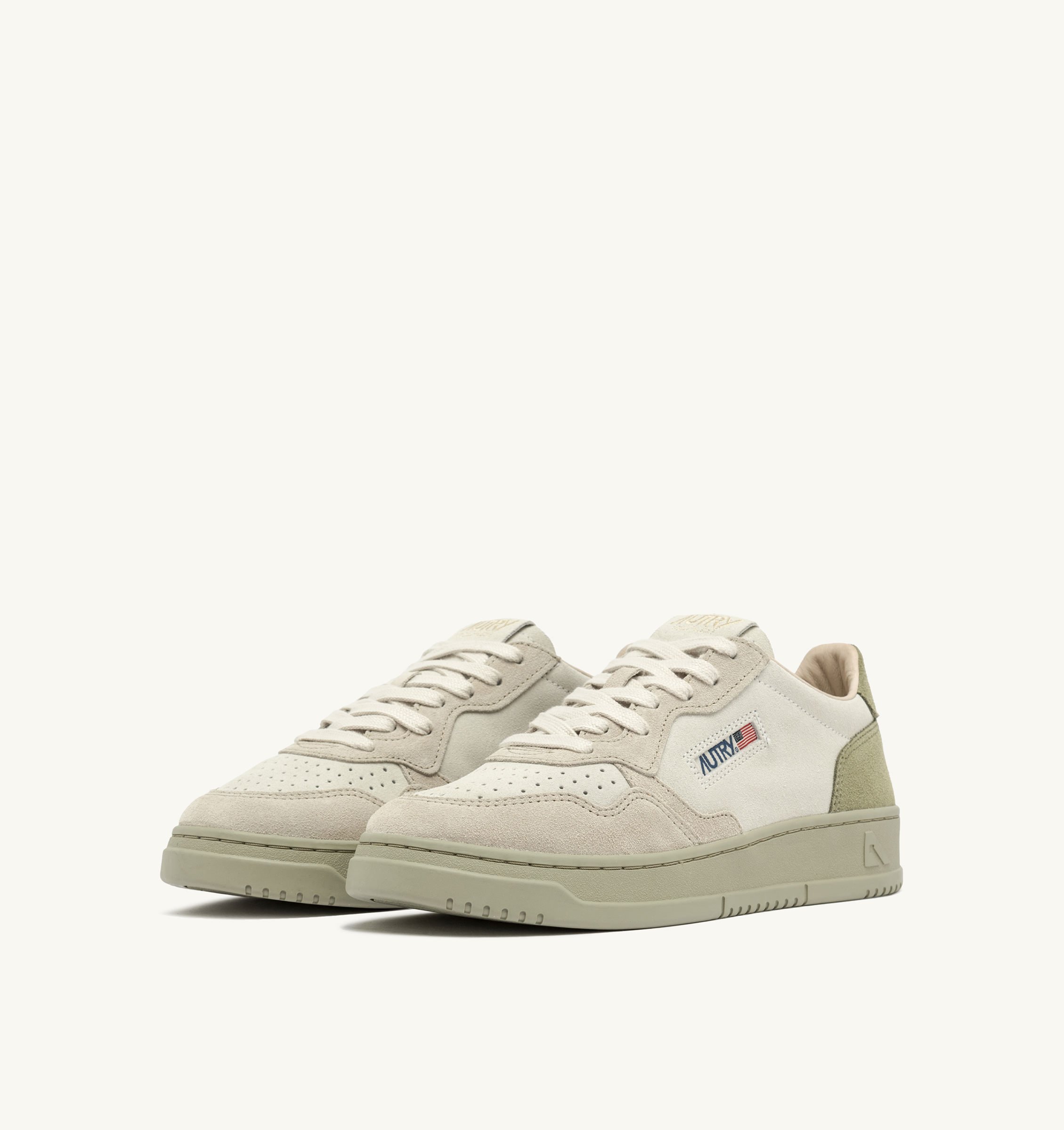 MEDALIST LOW TRICOLOR SNEAKERS IN SAND BROWN BEIGE AND GREEN GRAY SUEDE