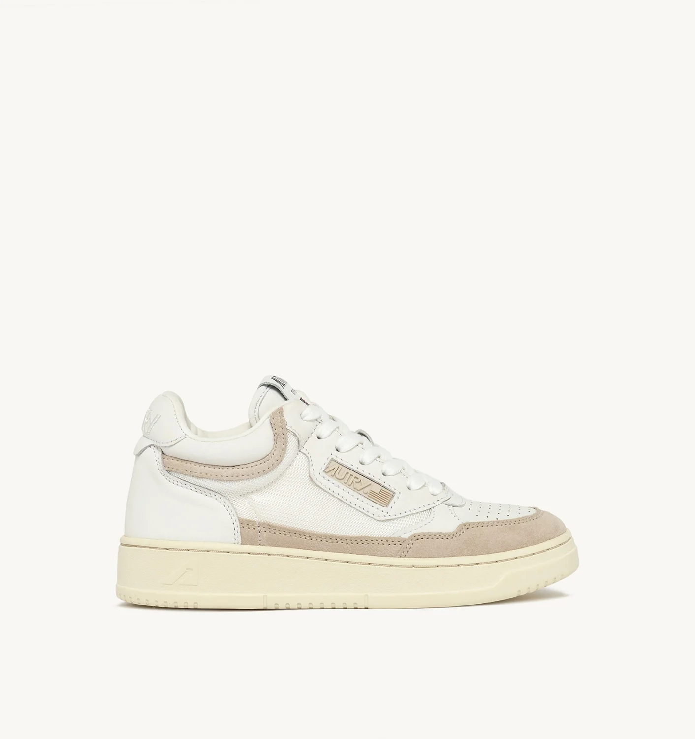 OPEN MID SNEAKERS IN WHITE LEATHER, MESH AND SAND SUEDE