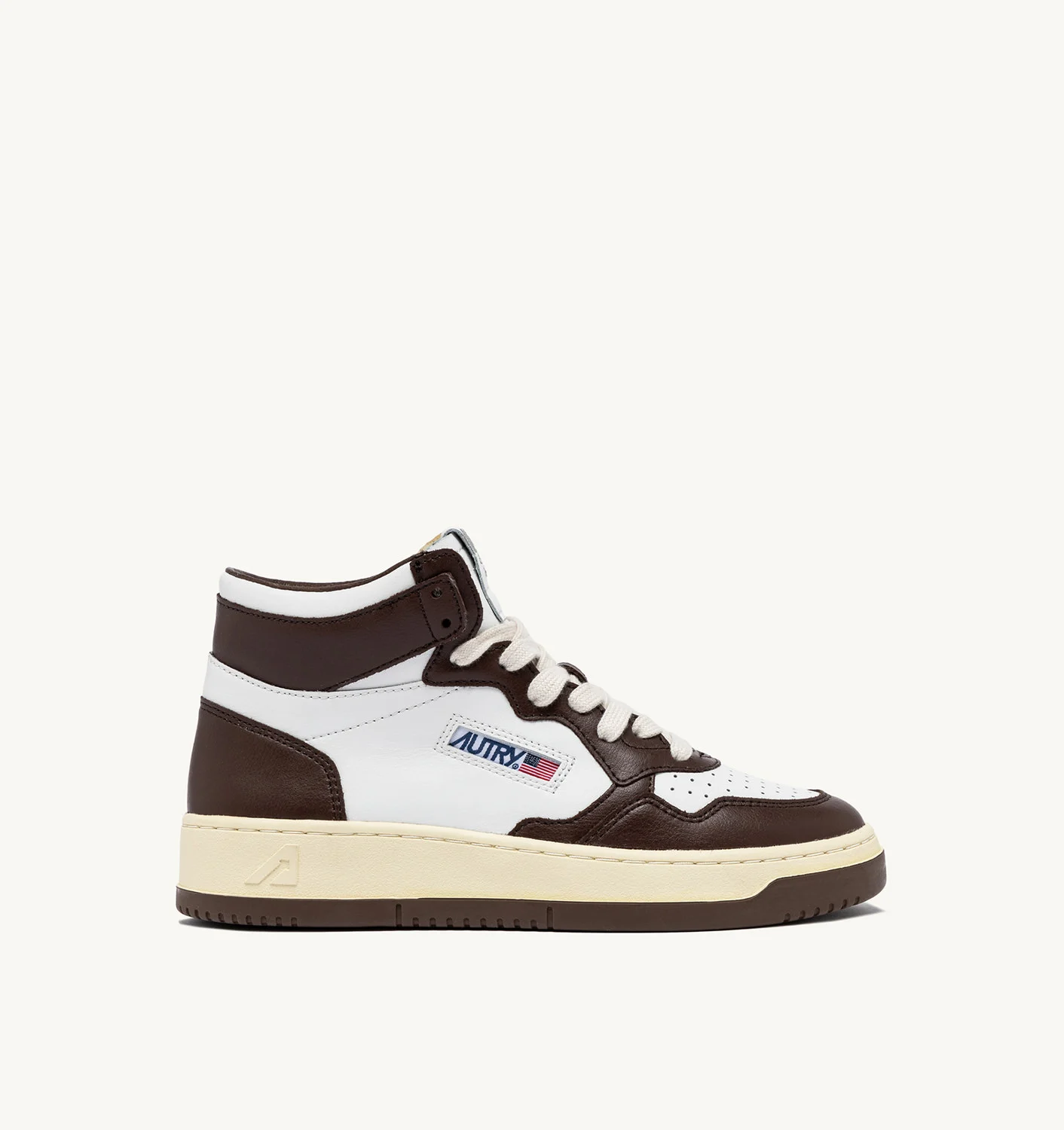 MEDALIST MID BICOLOR SNEAKERS IN WHITE AND CHESTNUT LEATHER