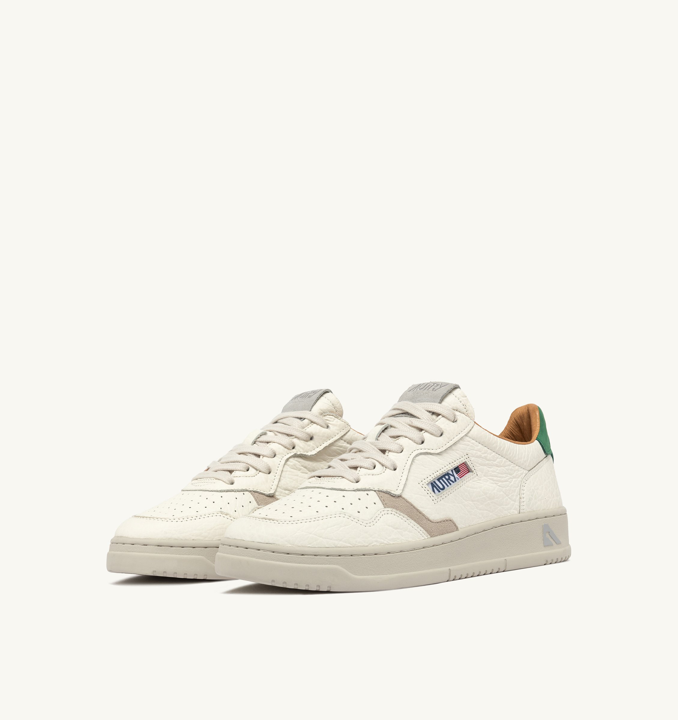 MEDALIST LOW SNEAKERS IN WHITE TEXTURED LEATHER WITH GREEN AND GRAY DETAILS