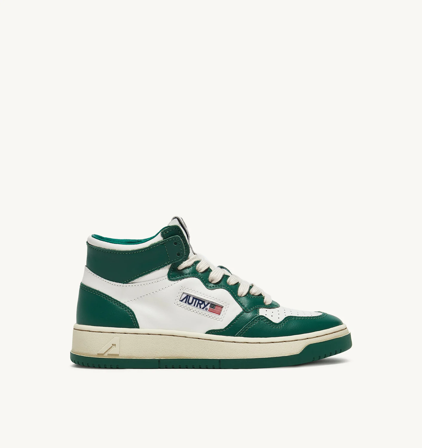 MEDALIST MID BICOLOR SNEAKERS IN WHITE AND GREEN LEATHER