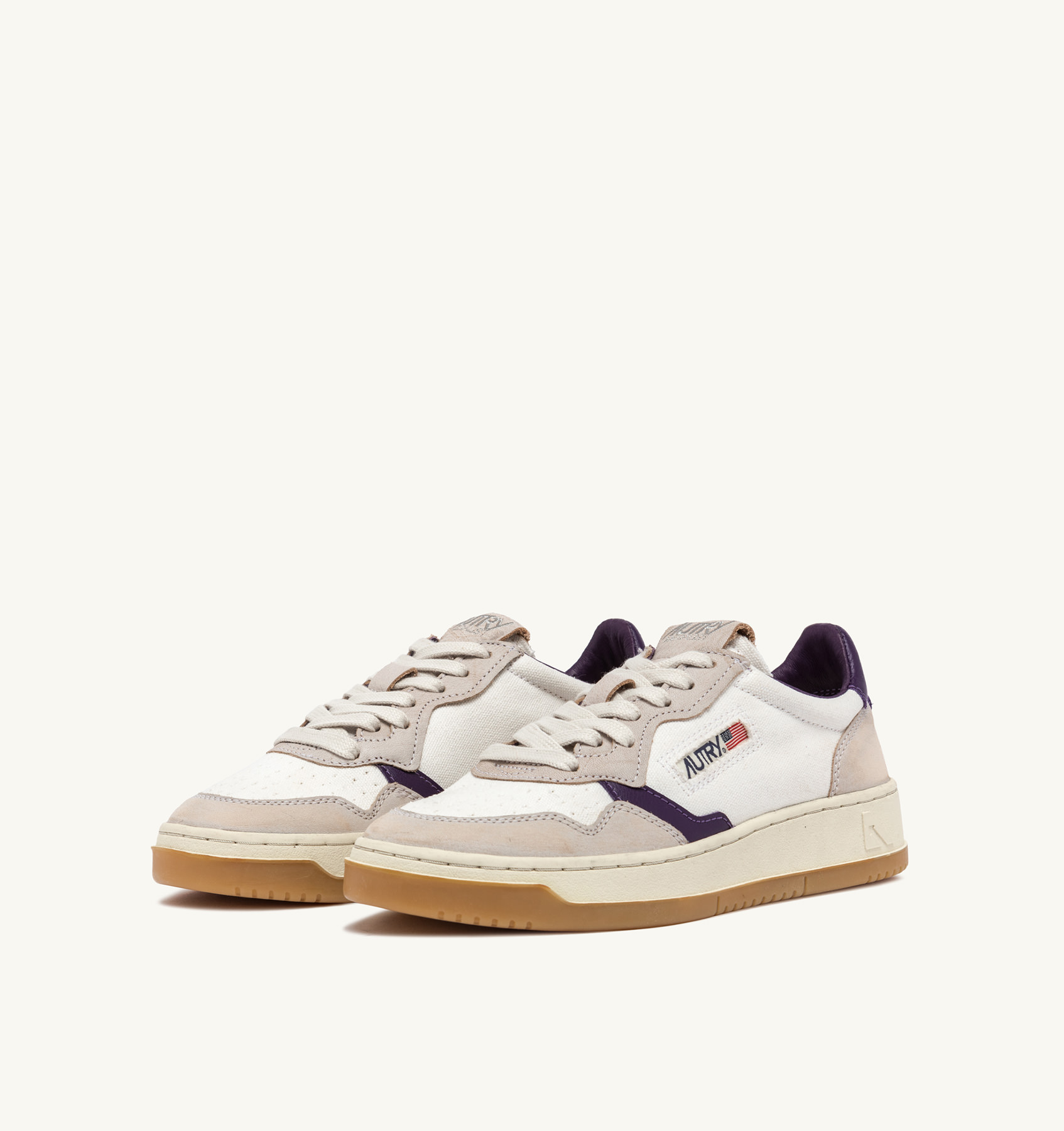 MEDALIST LOW SNEAKERS IN WHITE CANVAS AND BEIGE/PURPLE LEATHER