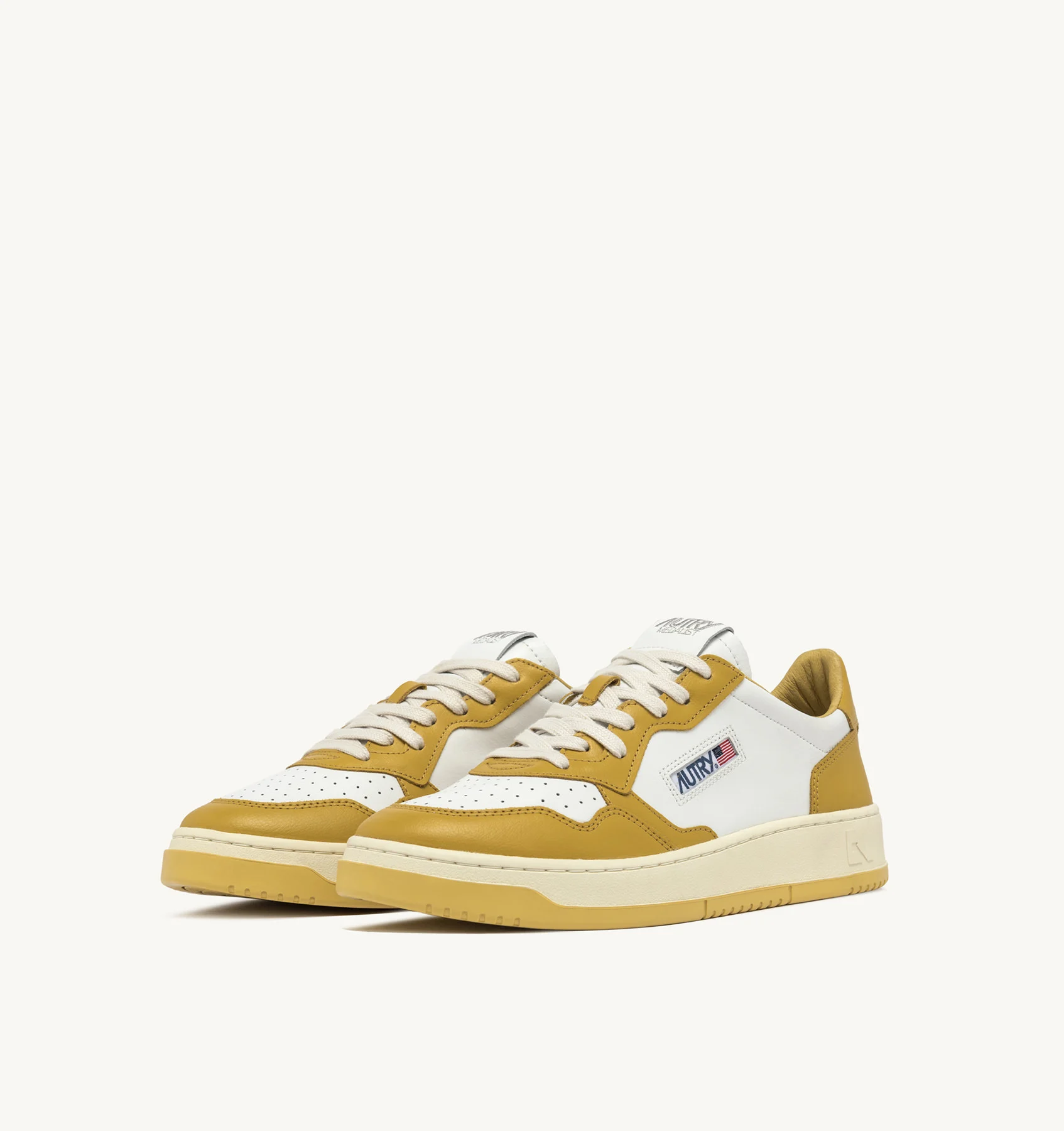 MEDALIST LOW BICOLOR SNEAKERS IN WHITE AND HONEY-YELLOW LEATHER