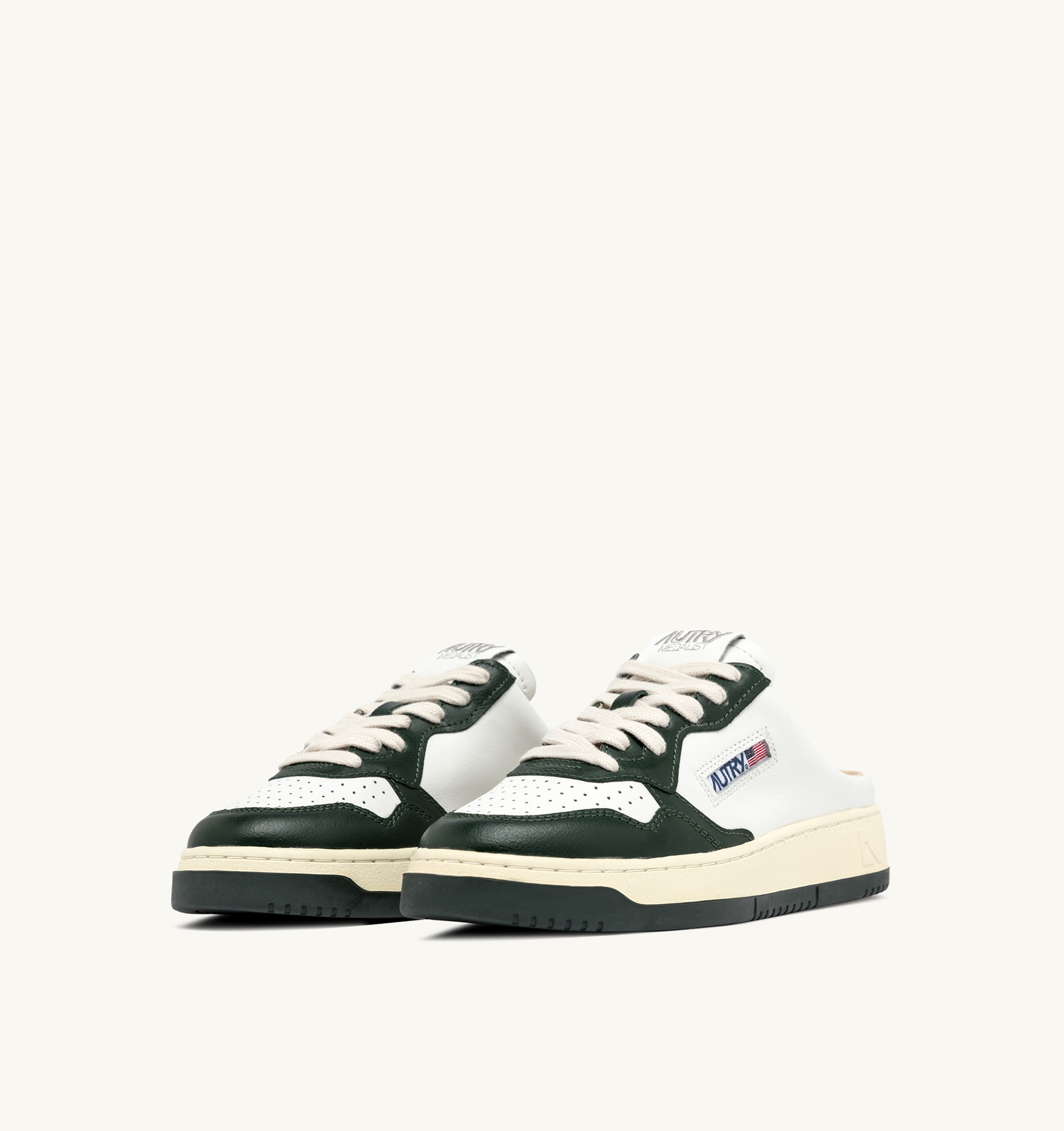 MEDALIST MULE SNEAKERS IN WHITE AND MILITARY GREEN LEATHER