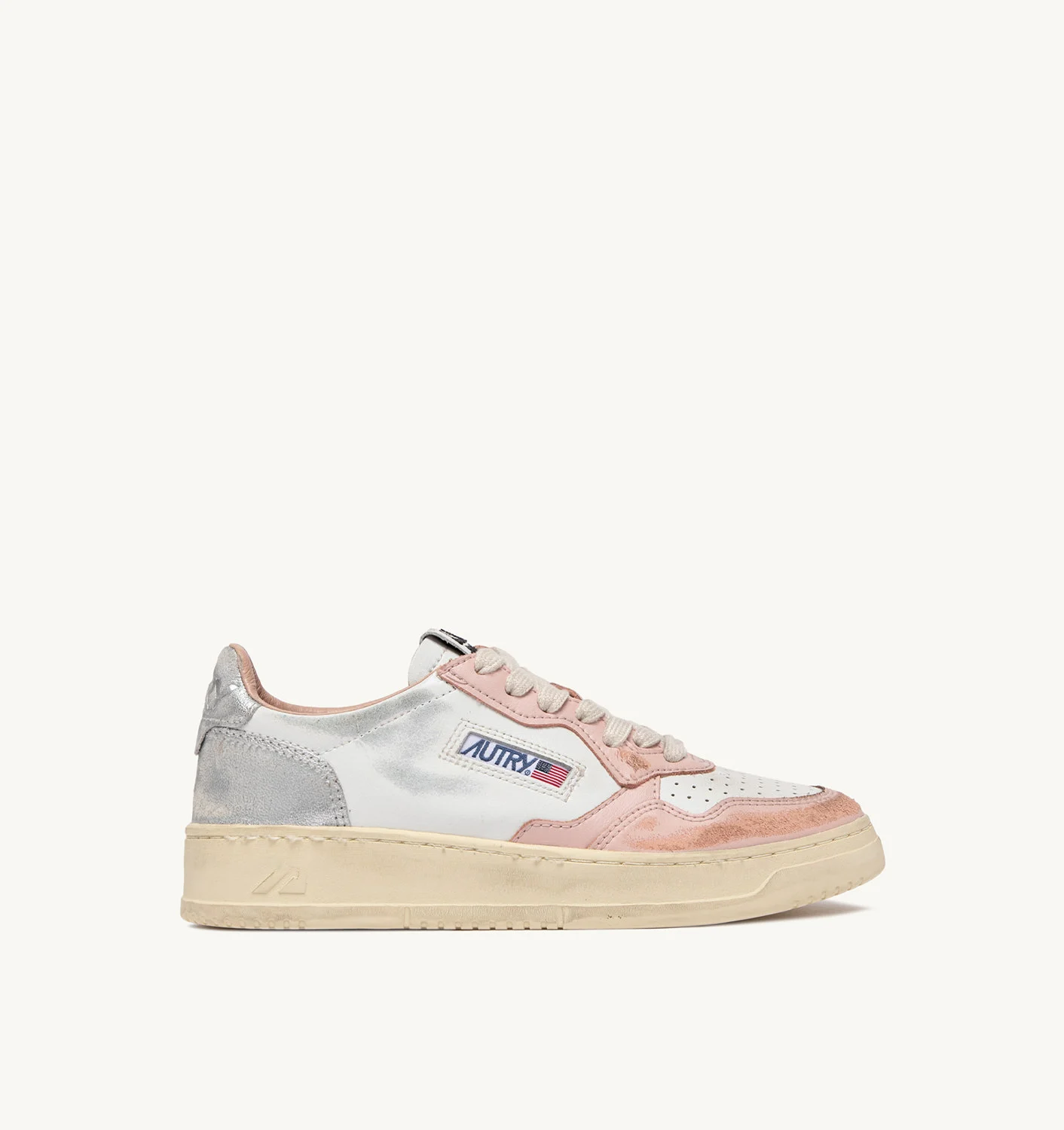 MEDALIST LOW SUPER VINTAGE SNEAKERS IN WHITE, POWDER PINK AND SILVER LEATHER