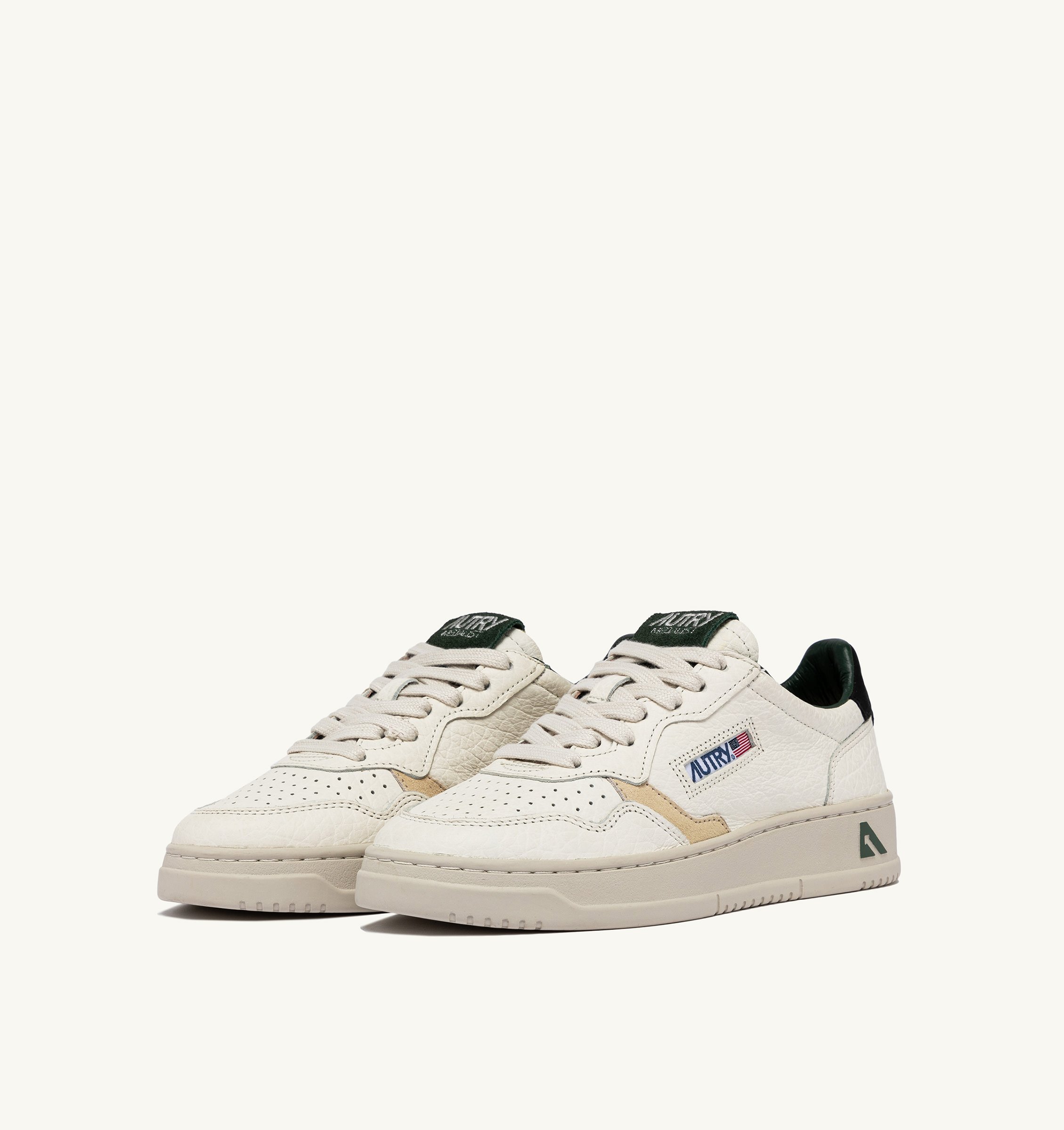 MEDALIST LOW SNEAKERS IN WHITE TEXTURED LEATHER WITH GREEN BLACK AND BEIGE DETAILS