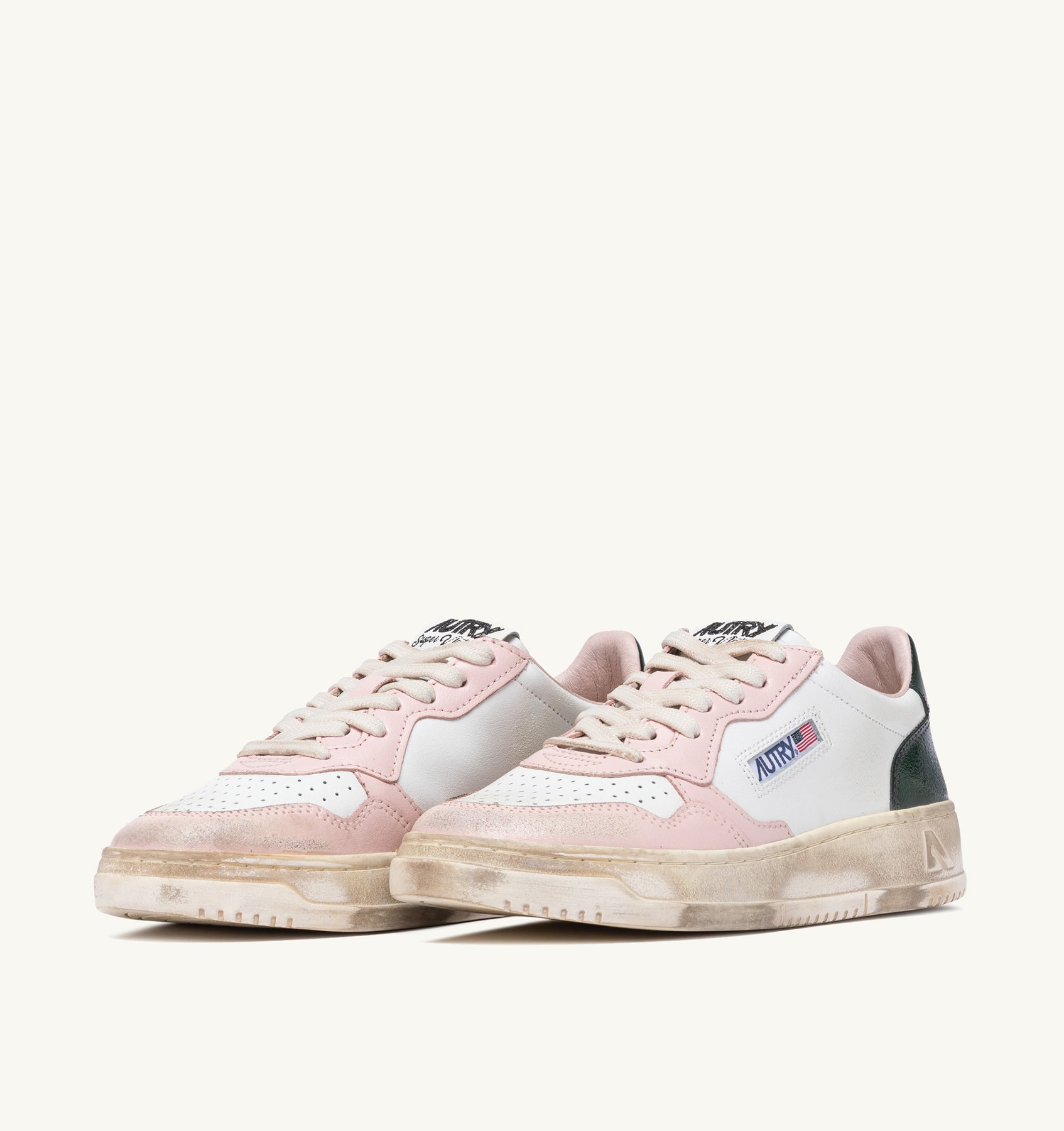 SUPER VINTAGE LOW SNEAKERS IN WHITE, GREEN AND POWDER PINK LEATHER