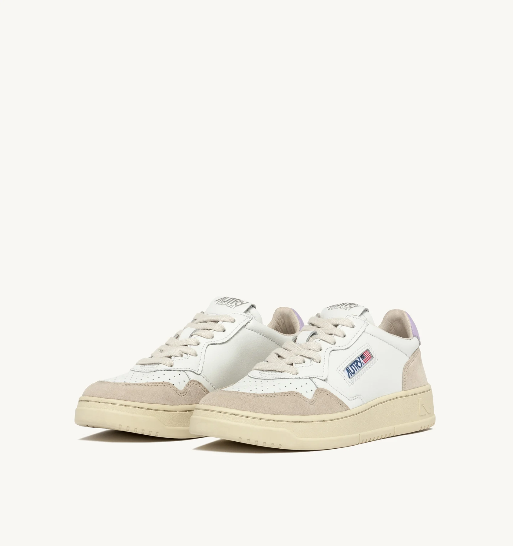 MEDALIST LOW SNEAKERS IN WHITE AND LILAC LEATHER AND BEIGE SUEDE