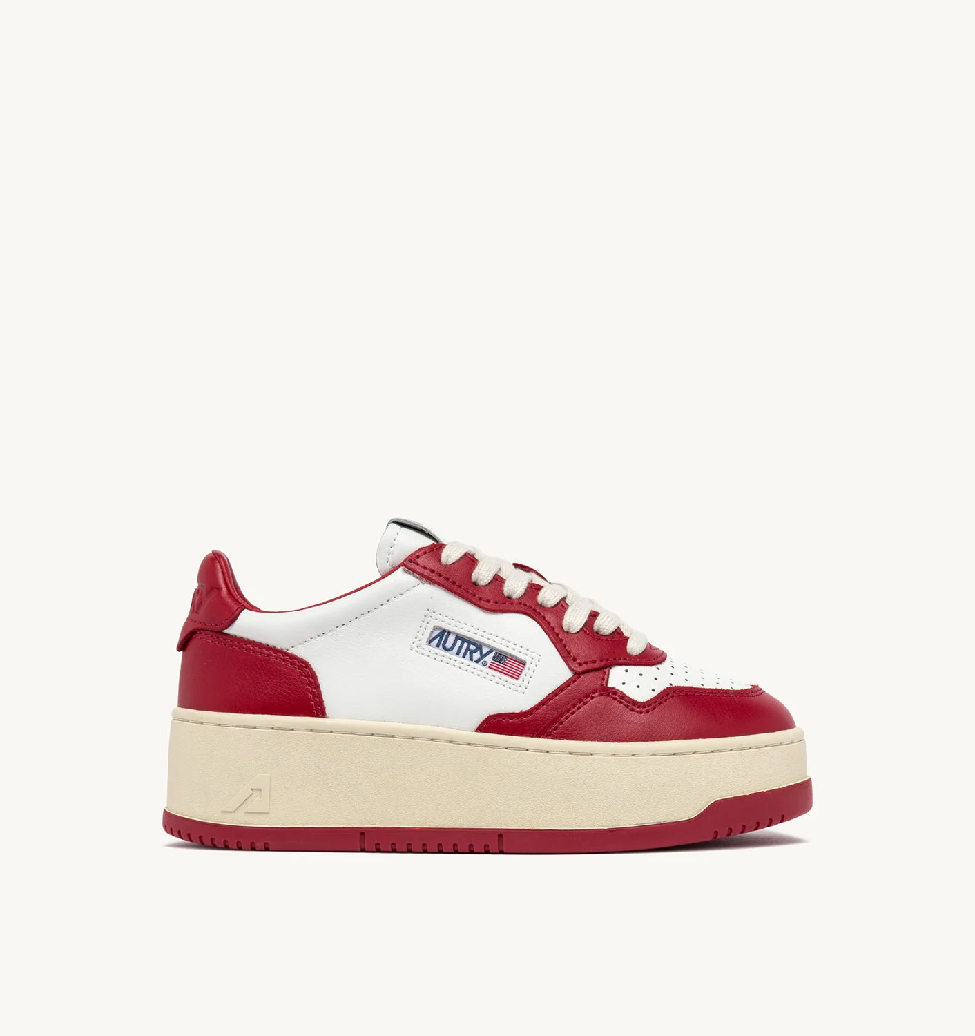 MEDALIST PLATFORM SNEAKERS IN WHITE AND RED LEATHER