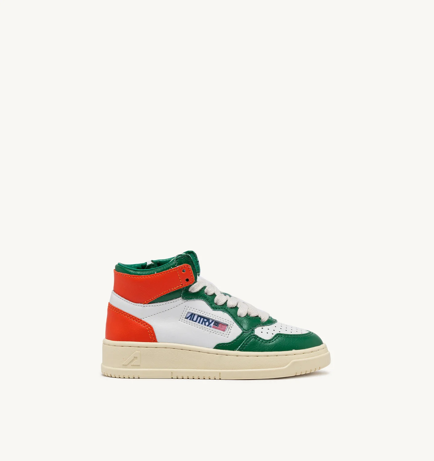 MEDALIST MID-TOP SNEAKERS FOR KIDS IN LEATHER COLOR WHITE, GREEN AND ORANGE