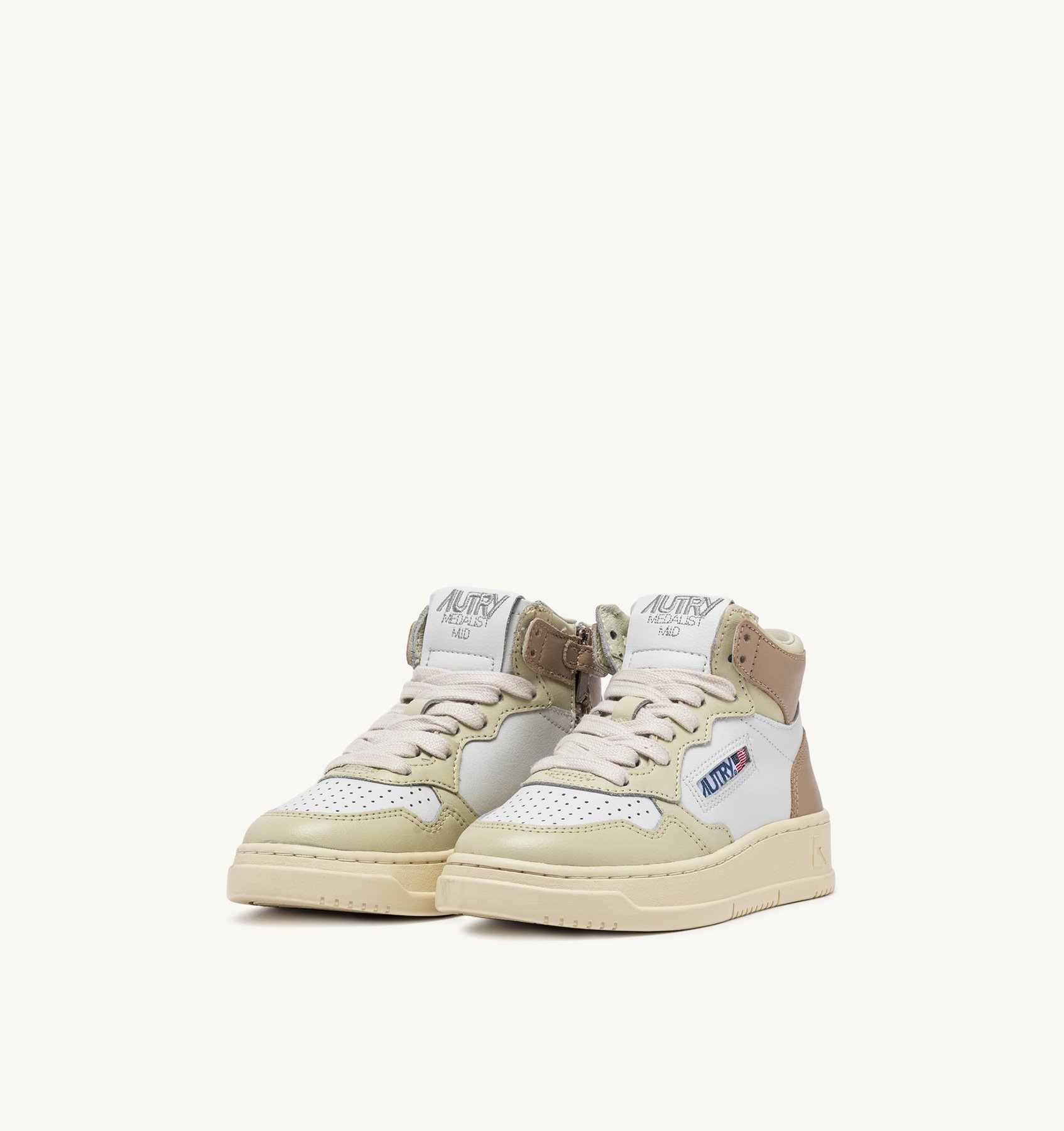 MEDALIST MID-TOP SNEAKERS FOR KIDS IN LEATHER COLOR WHITE, IVORY WHITE AND TAUPE GRAY