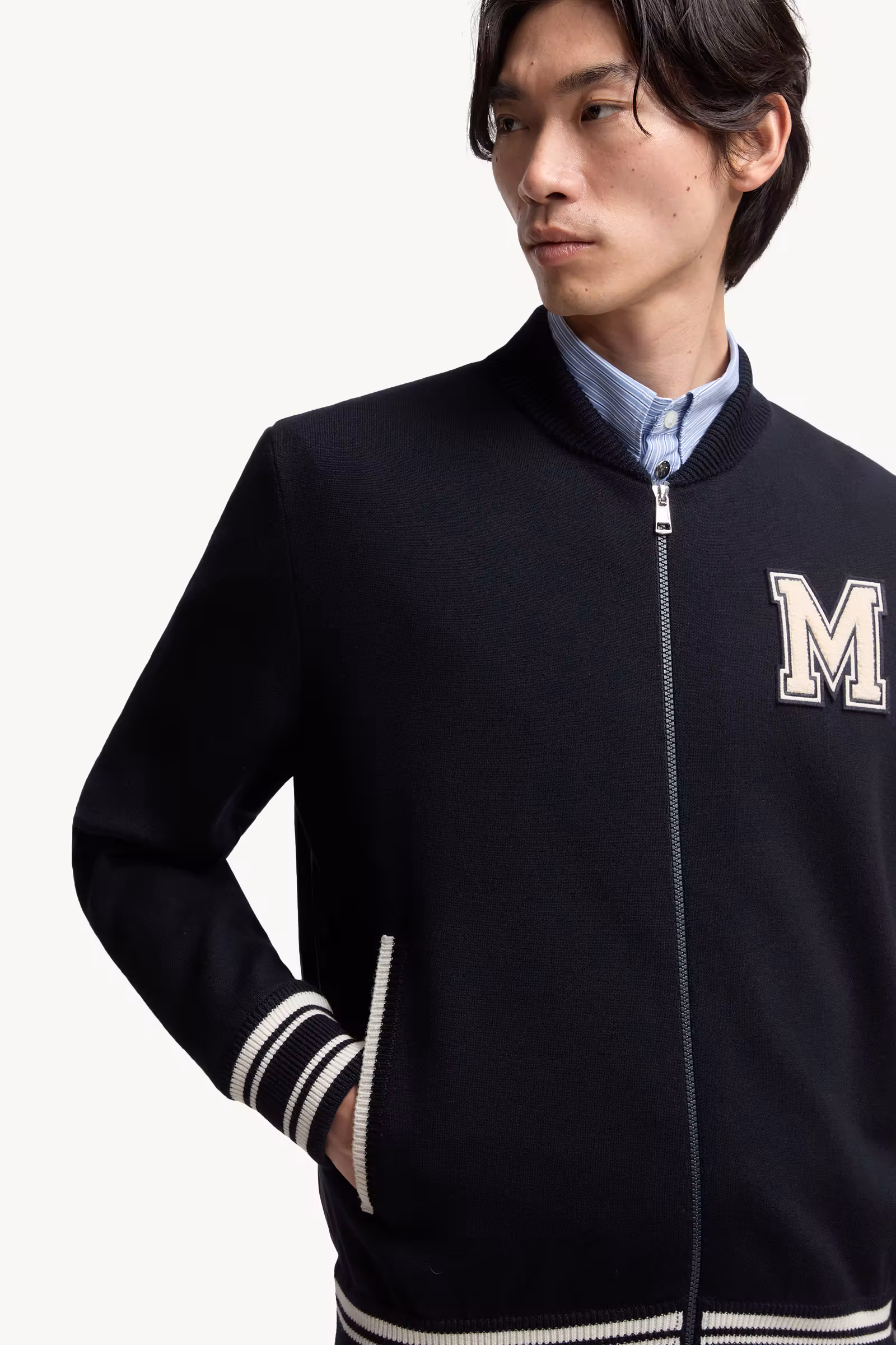 Embroidered Monogram Padded Zip-Up Wool Blend Cardigan